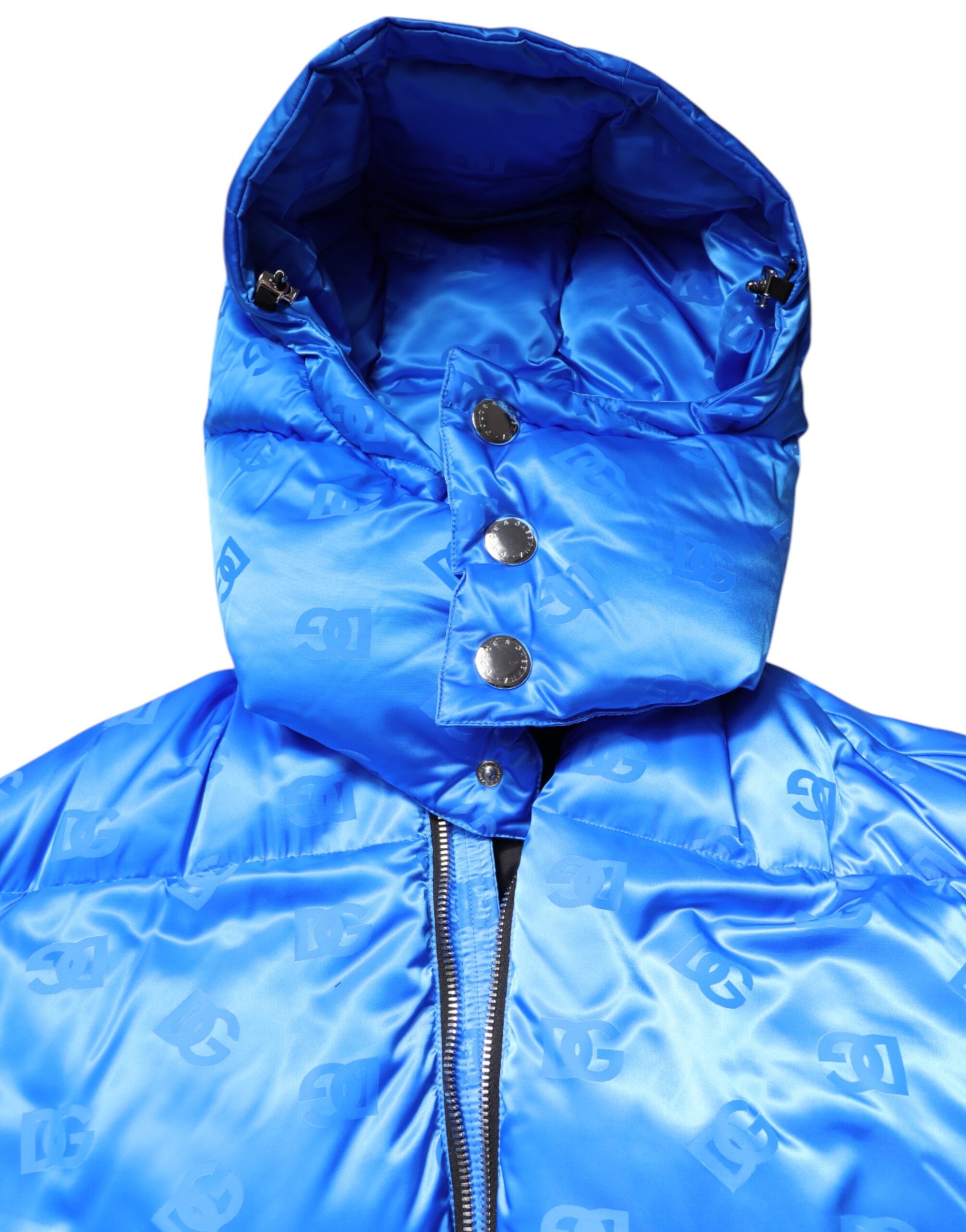 Dolce &amp; Gabbana Blue Logo Full Zip Hooded Quilted Jacket