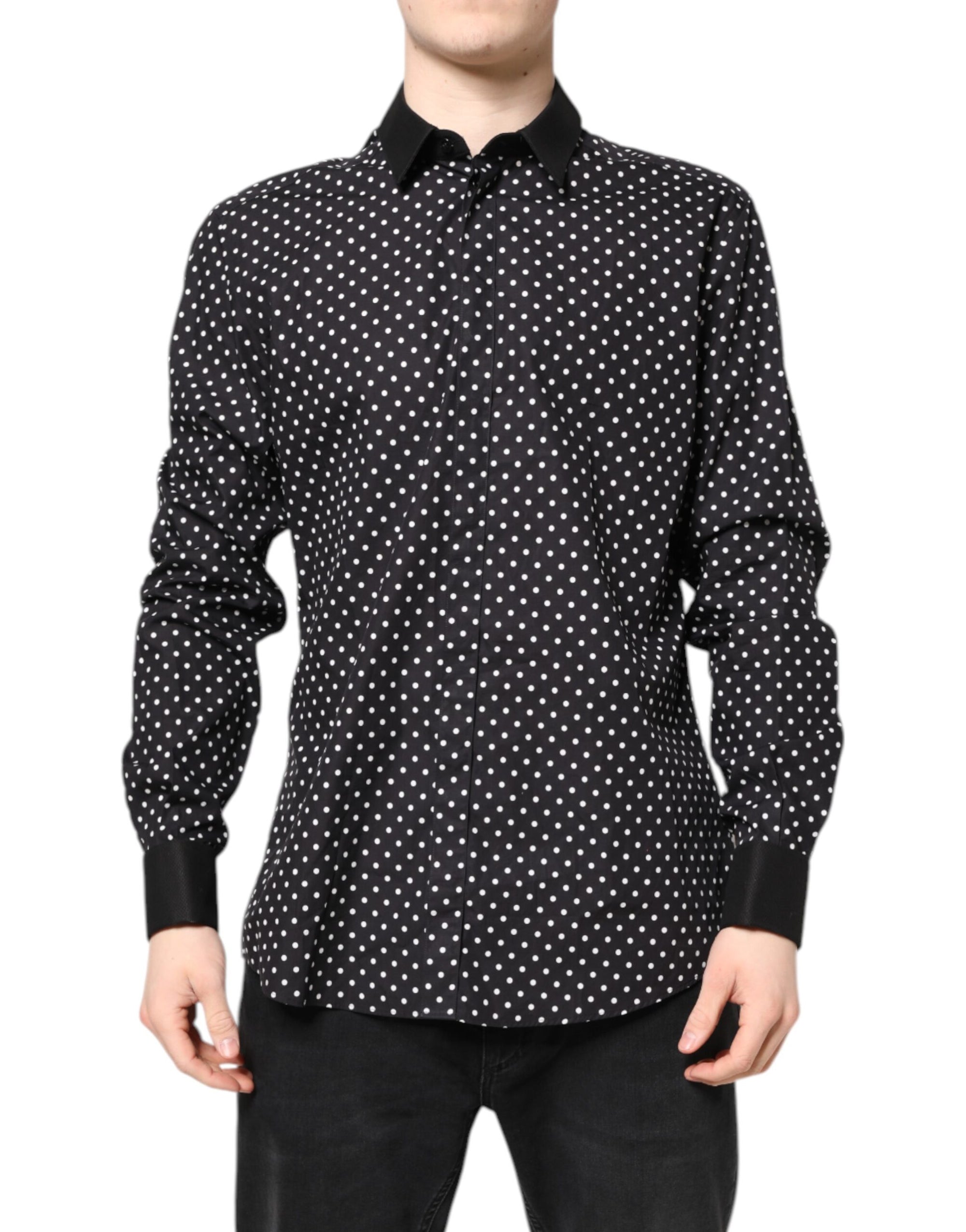 Dolce &amp; Gabbana Black Polka Dot Cotton Formal Dress Shirt