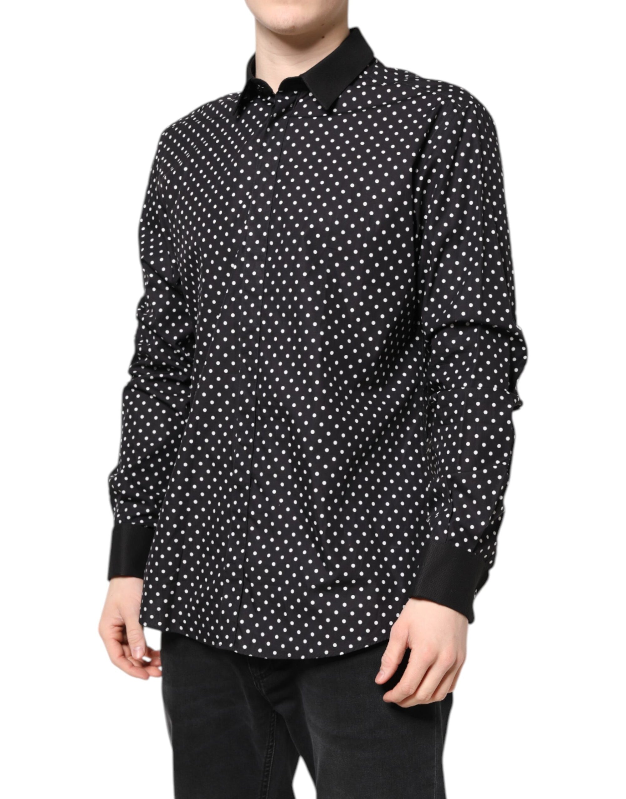 Dolce &amp; Gabbana Black Polka Dot Cotton Formal Dress Shirt