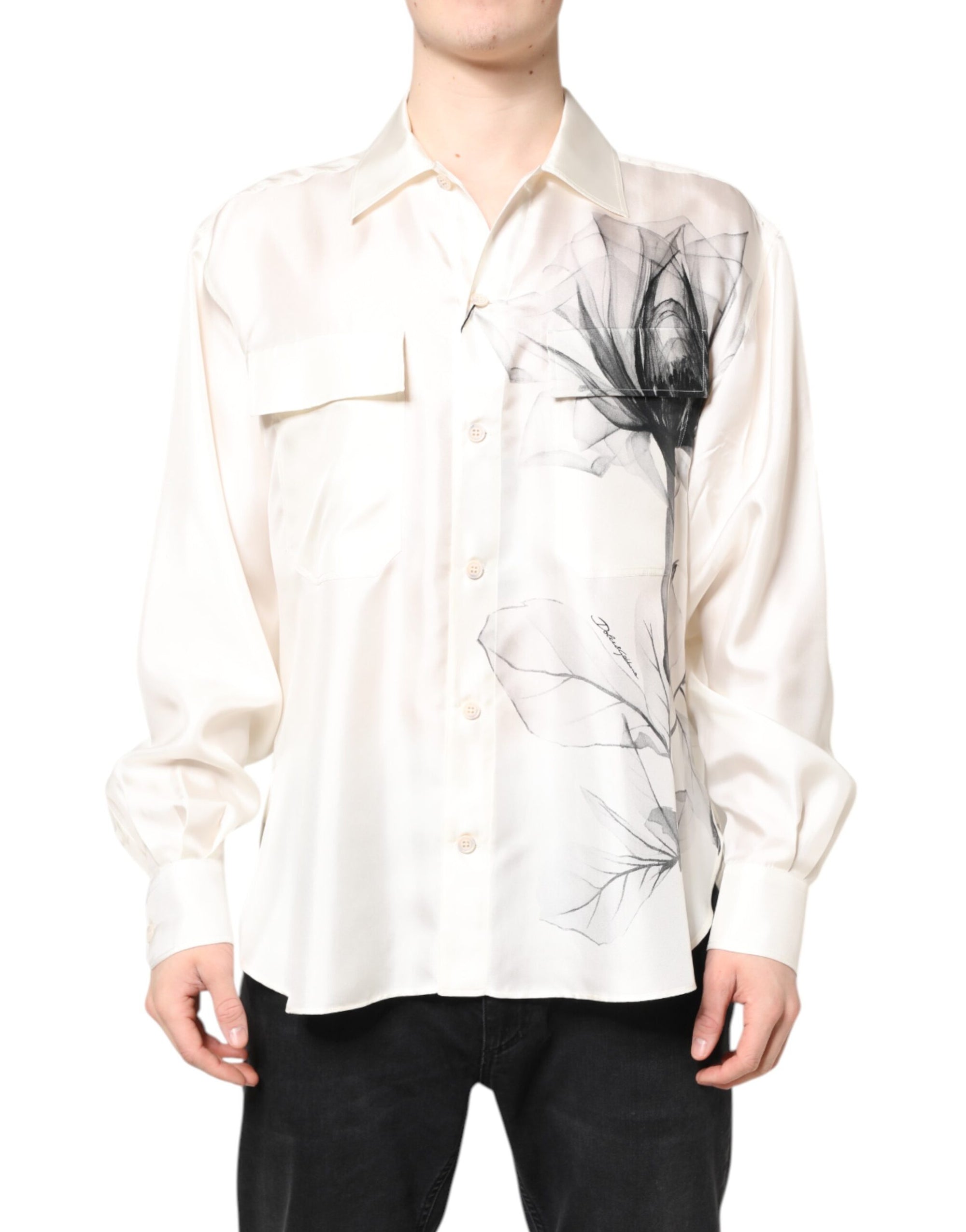 Chemise décontractée à manches longues en soie ivoire Dolce & Gabbana pour homme