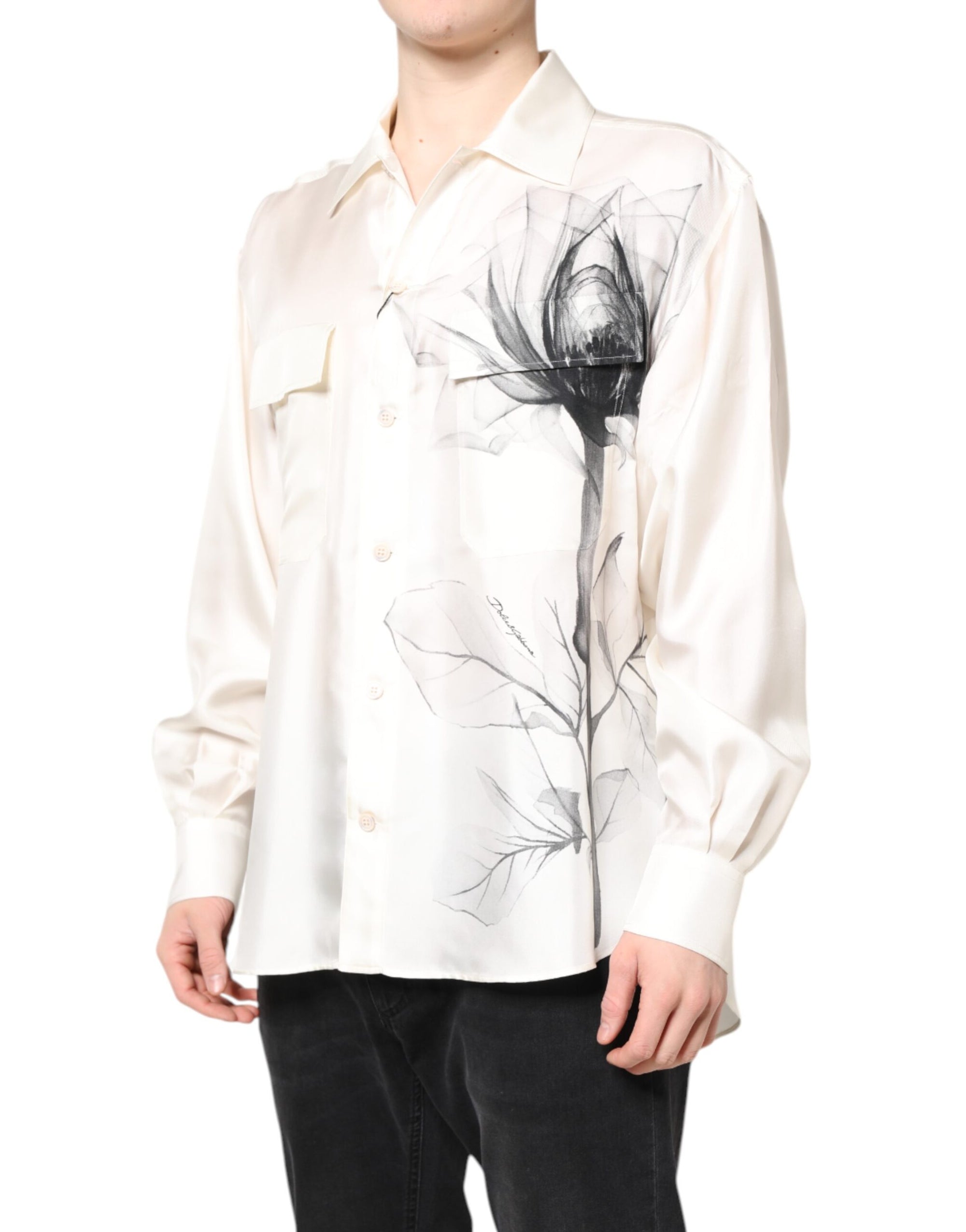 Chemise décontractée à manches longues en soie ivoire Dolce & Gabbana pour homme