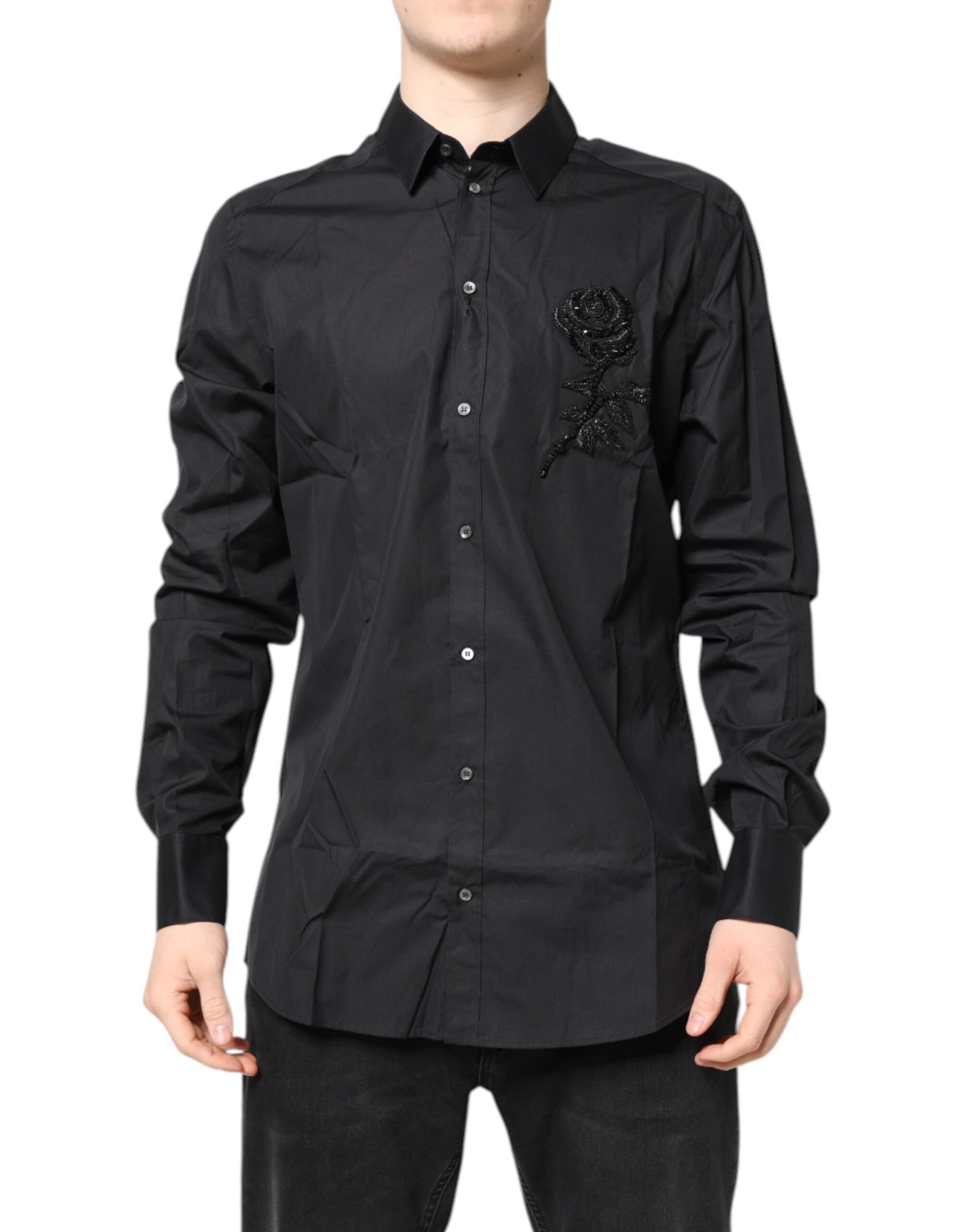 Chemise habillée en coton noir à fleurs dorées Dolce & Gabbana