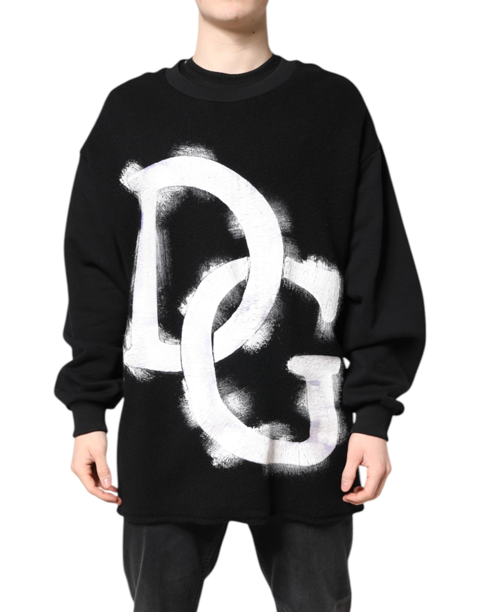 Dolce &amp; Gabbana Black Cotton Logo Print Men Pullover Sweater