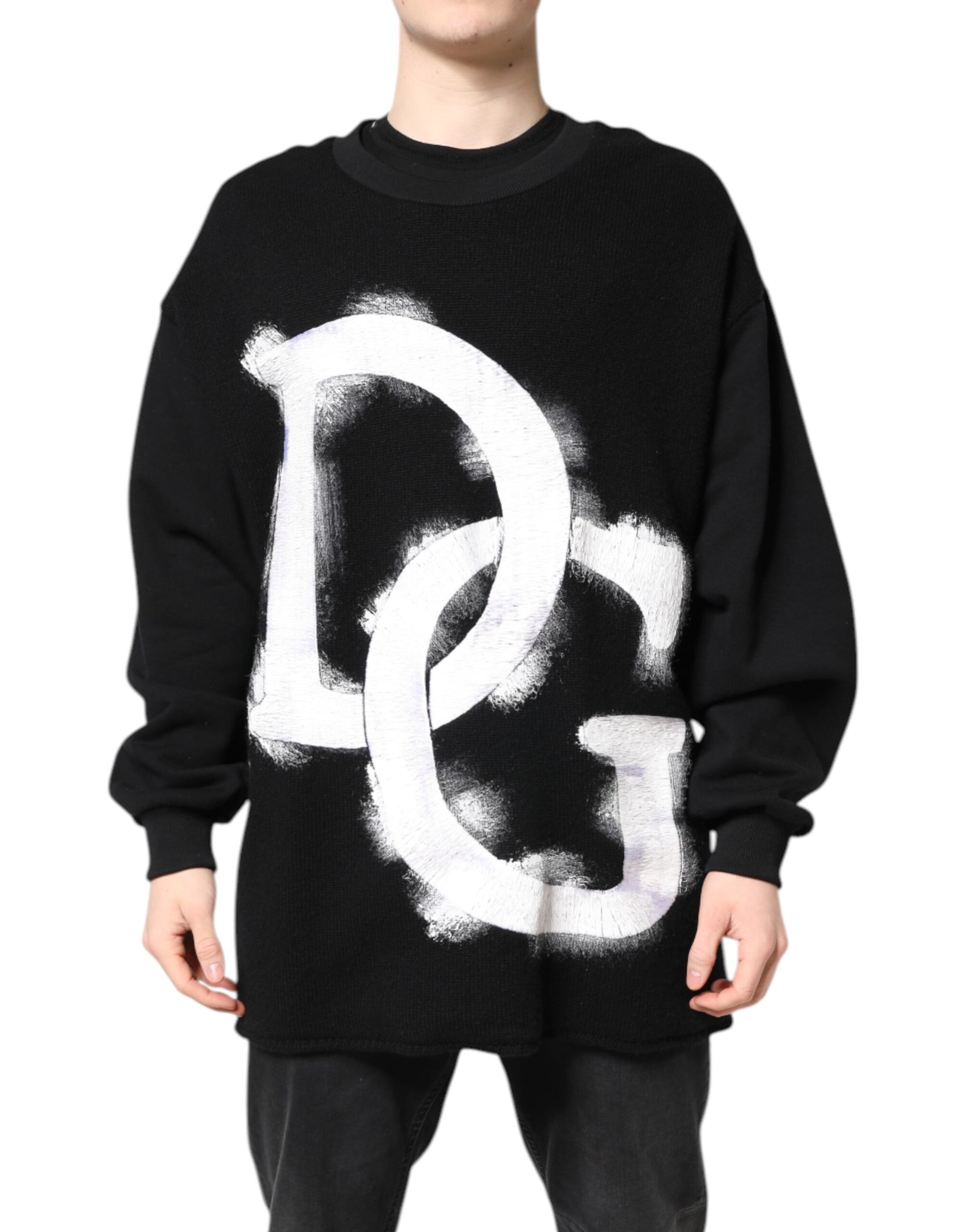 Dolce &amp; Gabbana Black Cotton Logo Print Men Pullover Sweater