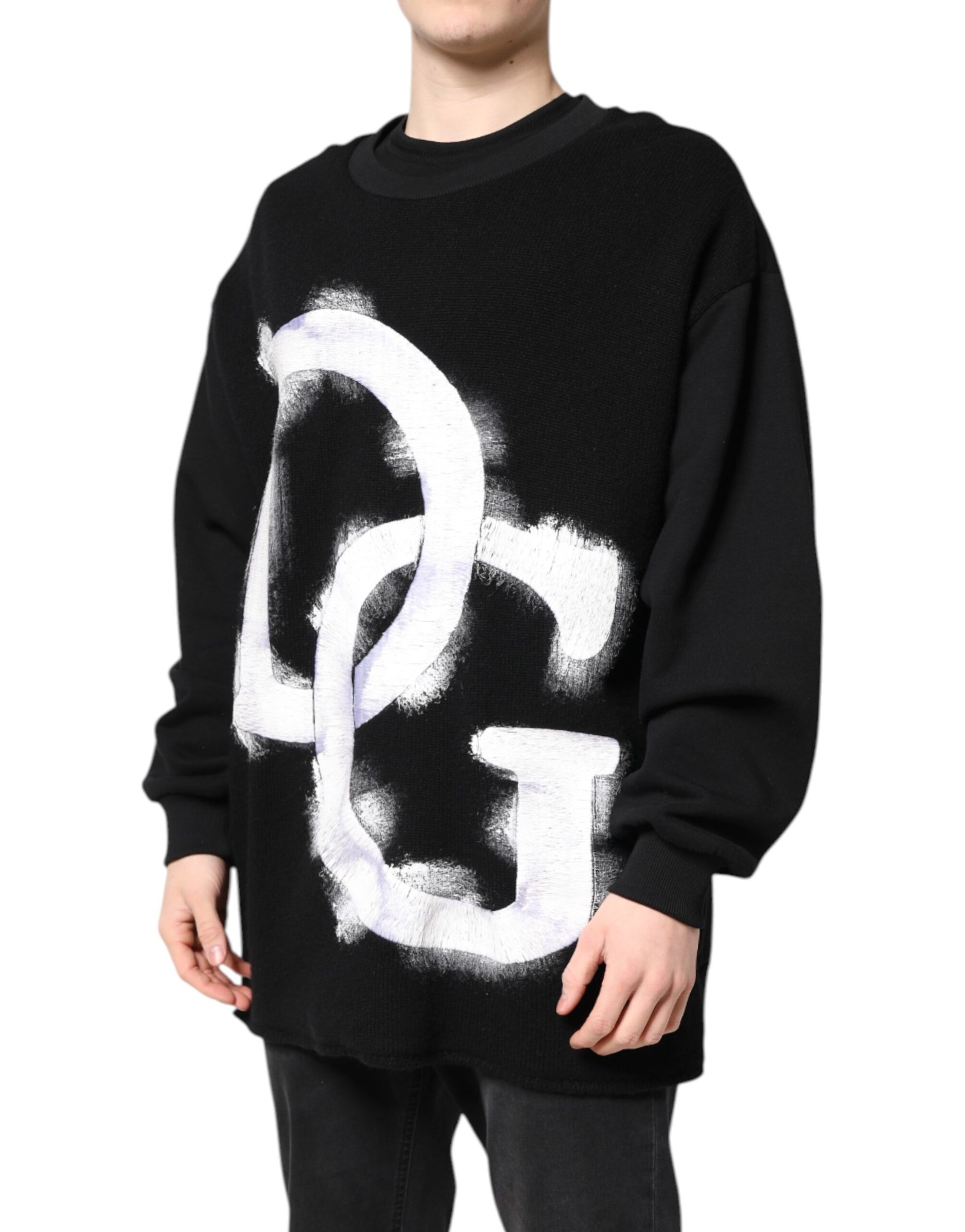 Dolce &amp; Gabbana Black Cotton Logo Print Men Pullover Sweater