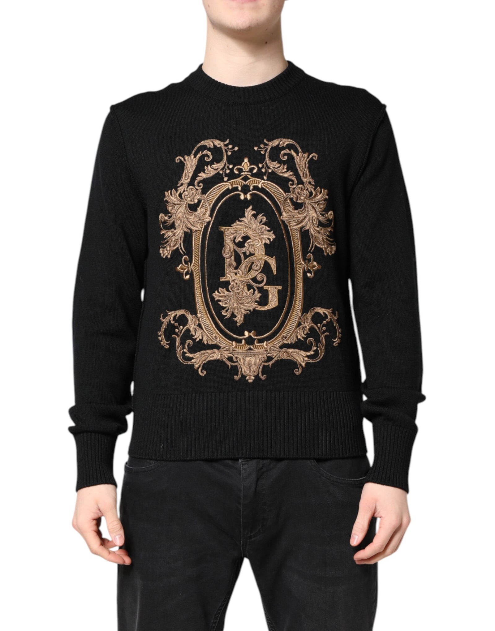 Dolce &amp; Gabbana Black Logo Embroidery Knit Pullover Sweater