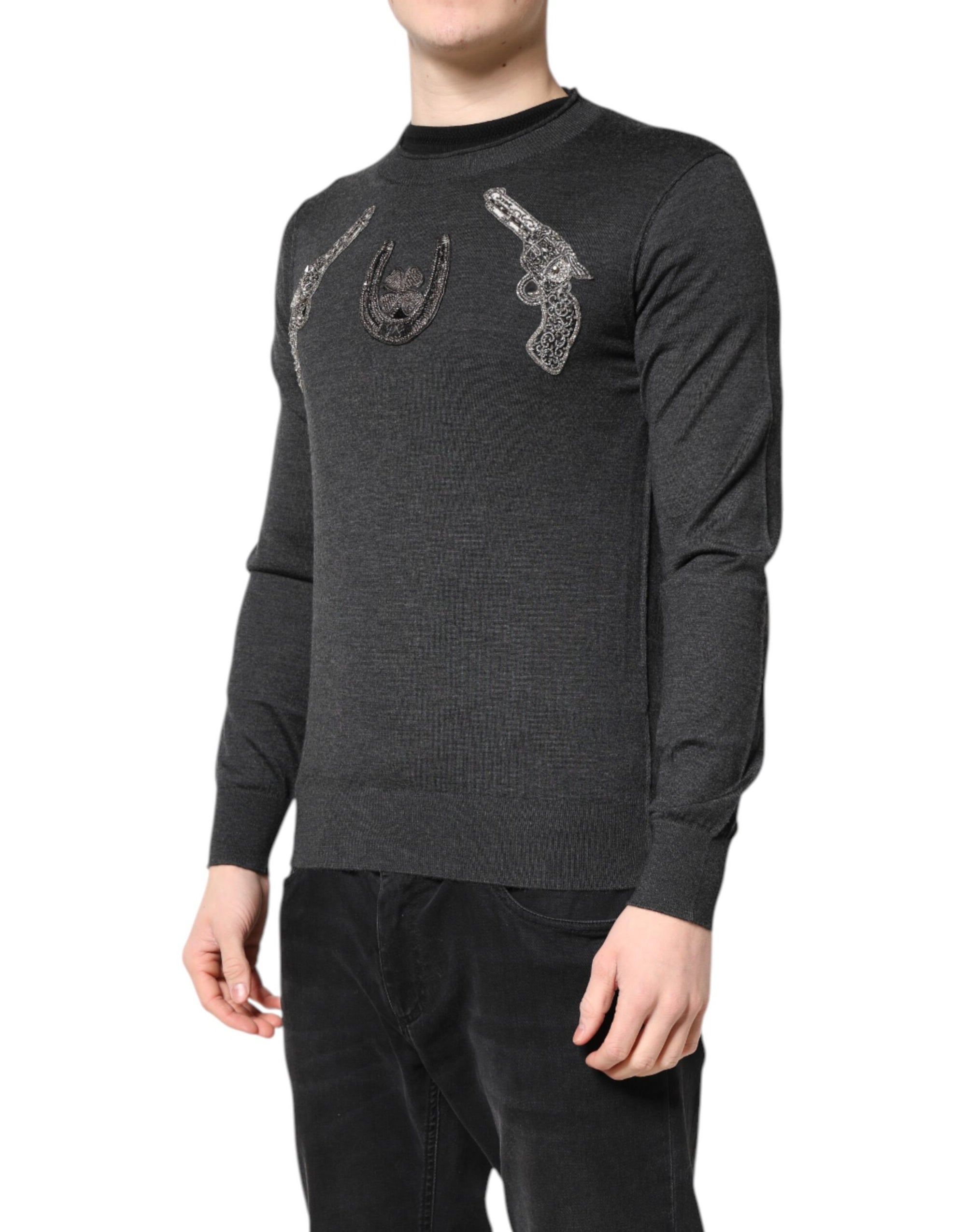 Dolce &amp; Gabbana Gray Embroidery Knit Men Pullover Sweater