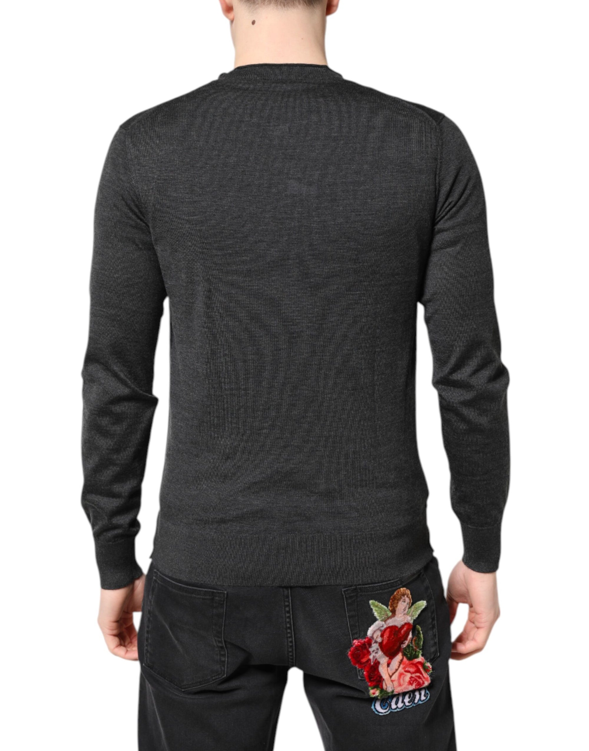 Dolce &amp; Gabbana Gray Embroidery Knit Men Pullover Sweater