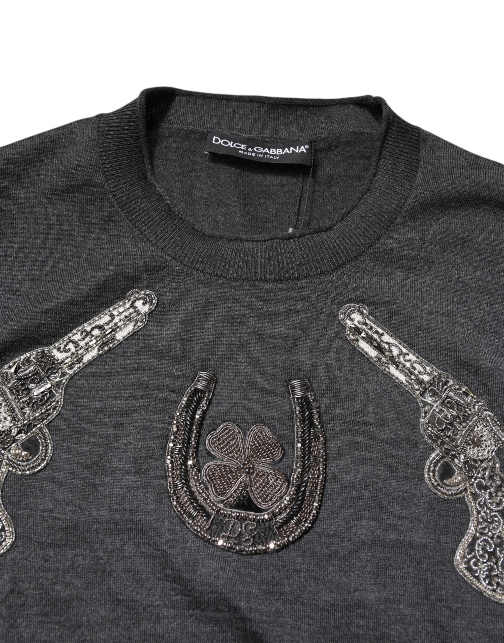 Dolce &amp; Gabbana Gray Embroidery Knit Men Pullover Sweater