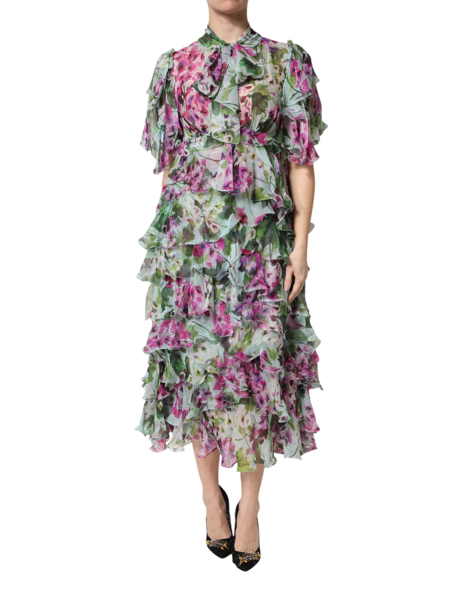 Robe mi-longue superposée en soie à fleurs multicolores Dolce &amp; Gabbana