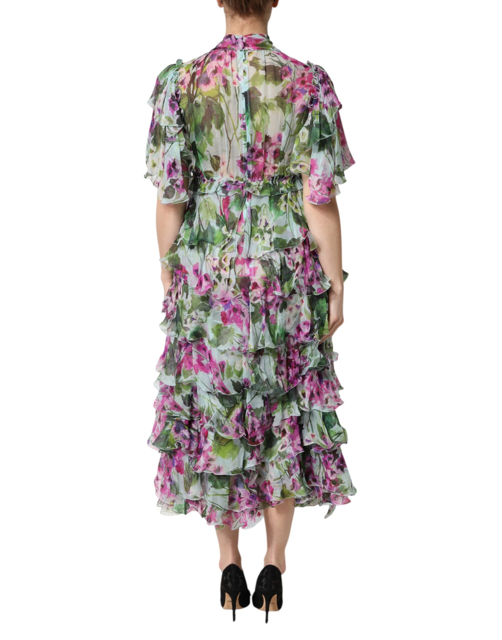 Robe mi-longue superposée en soie à fleurs multicolores Dolce &amp; Gabbana