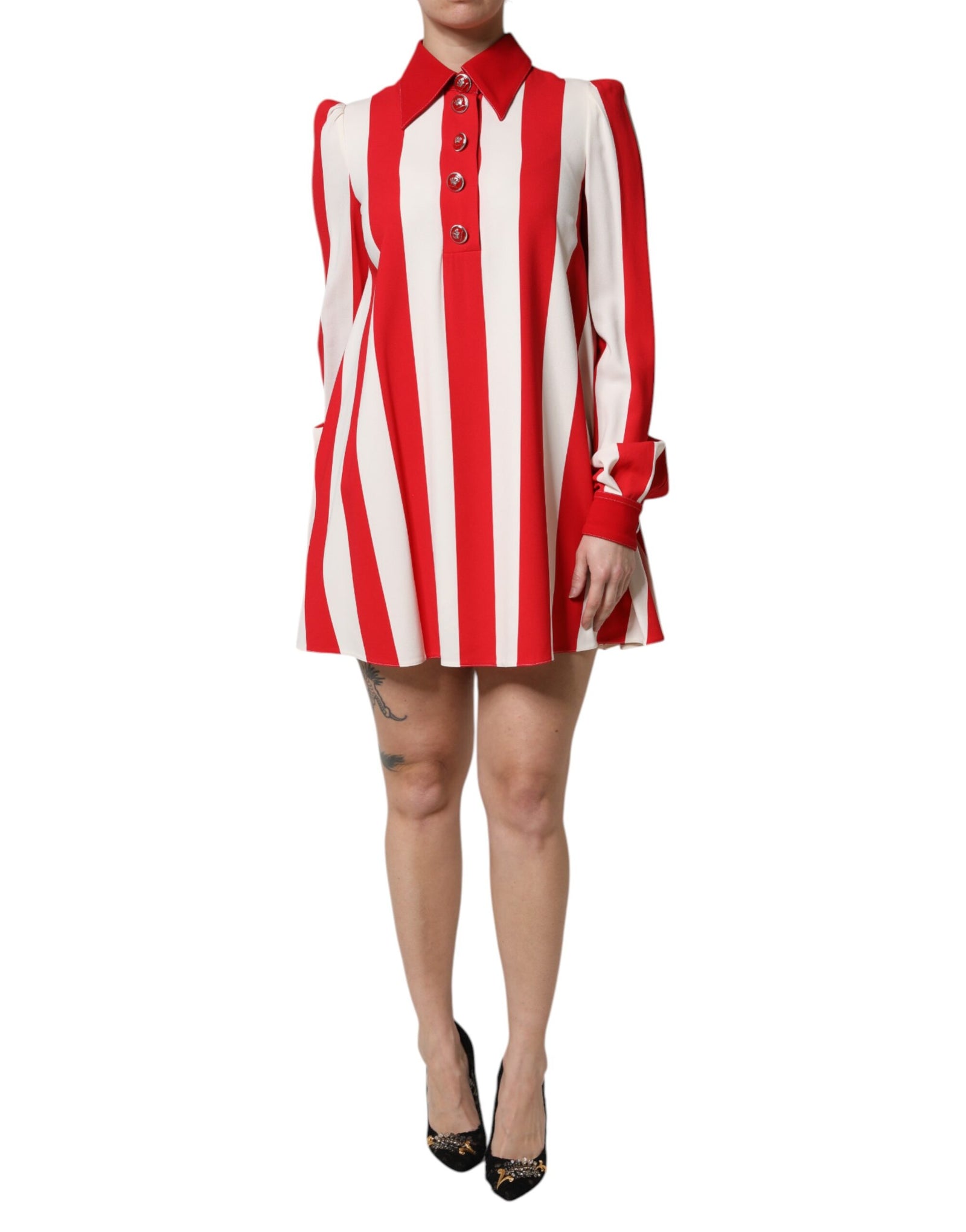 Mini-robe à manches longues à rayures blanches et rouges Dolce &amp; Gabbana