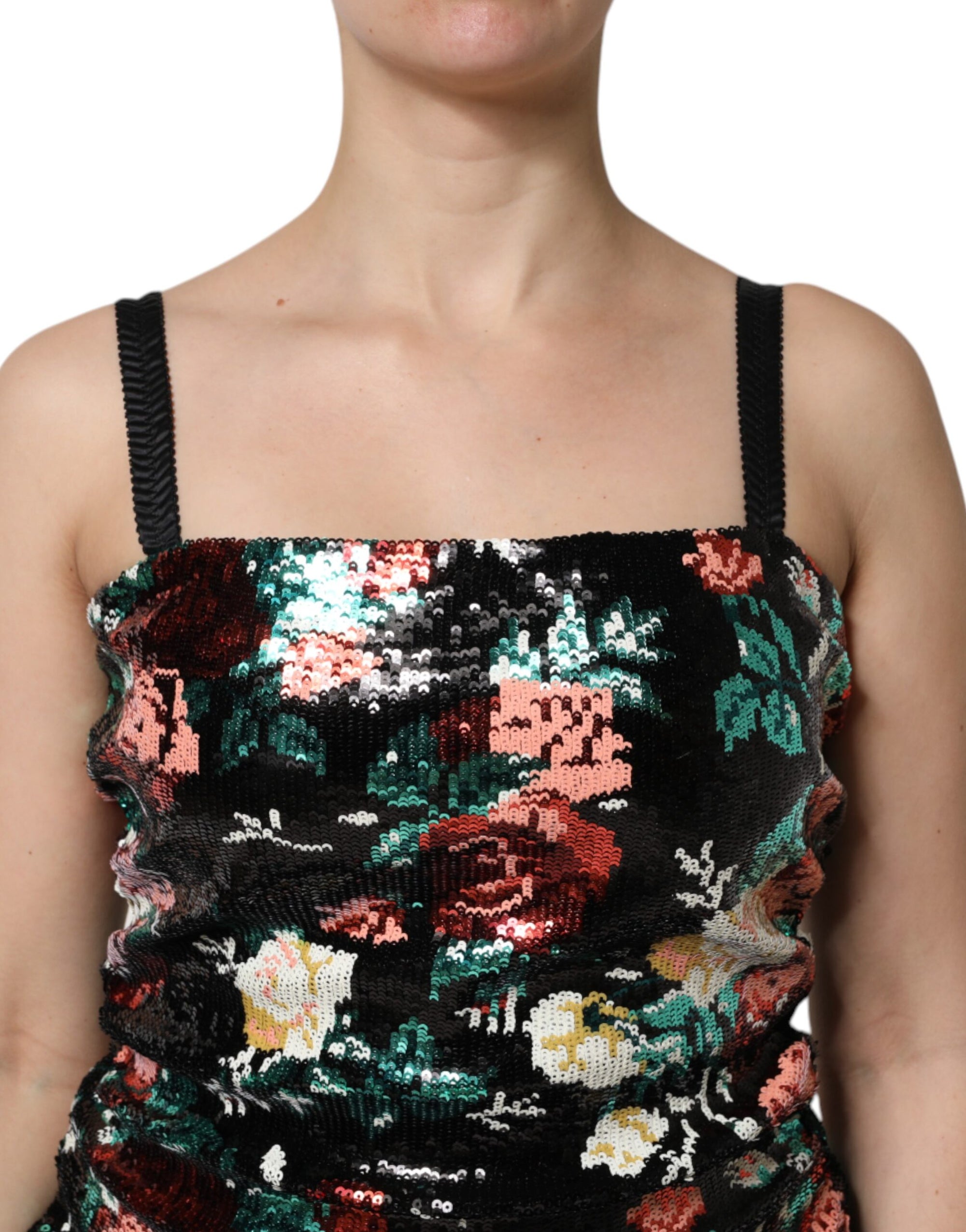 Robe fourreau noire à sequins et fleurs Dolce &amp; Gabbana sans manches