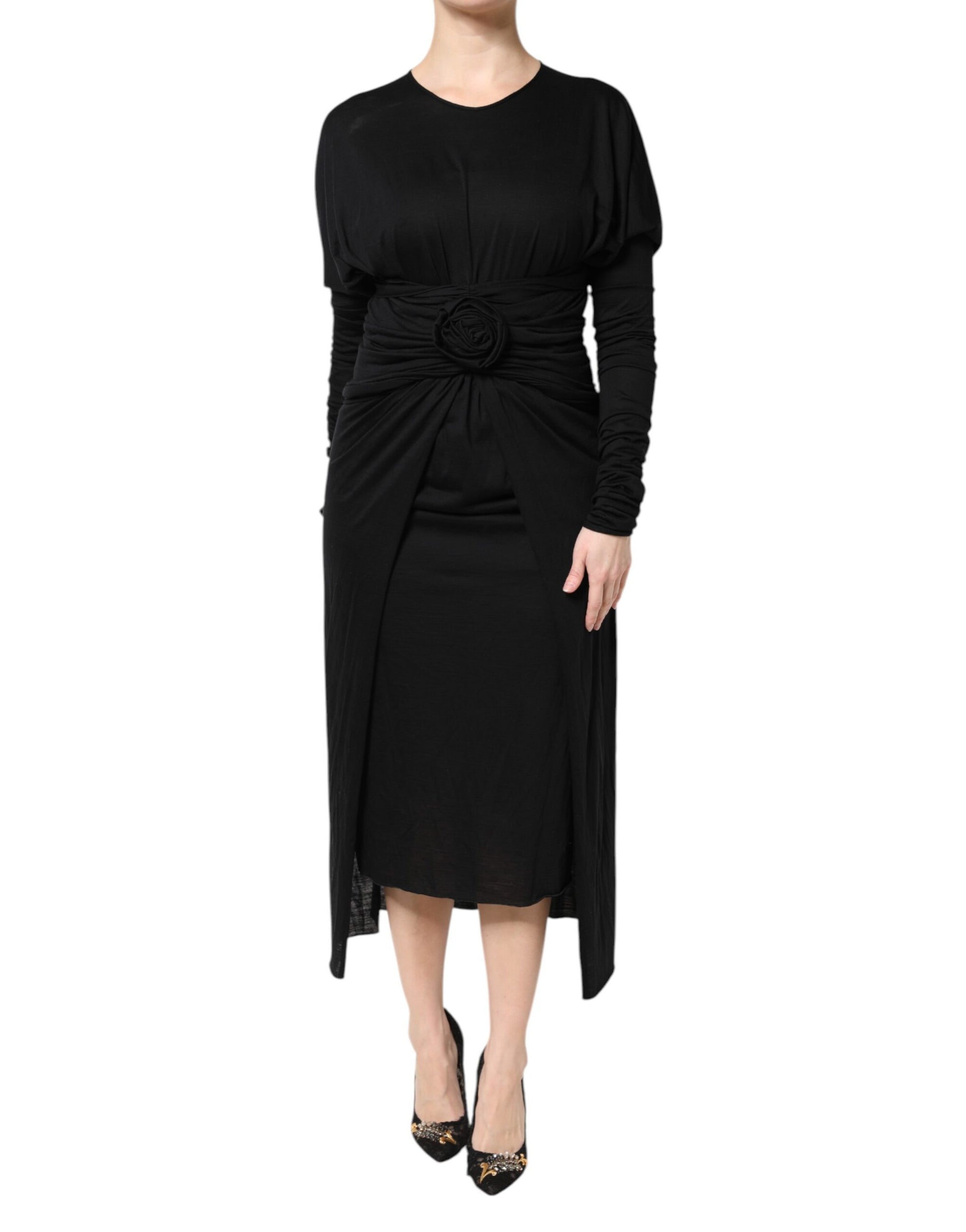 Dolce &amp; Gabbana Black Wool Long Sleeves Sheath Midi Dress