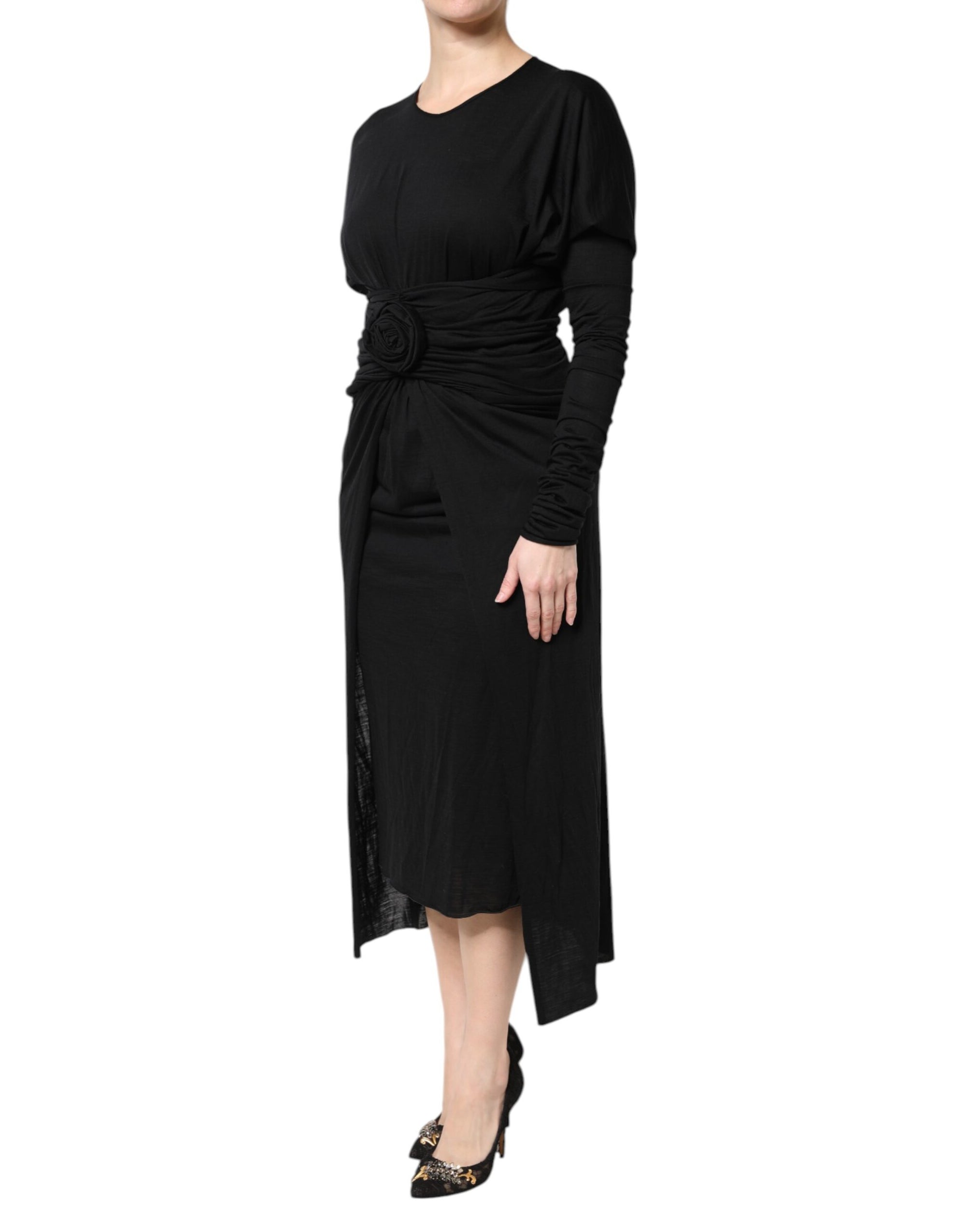 Dolce &amp; Gabbana Black Wool Long Sleeves Sheath Midi Dress