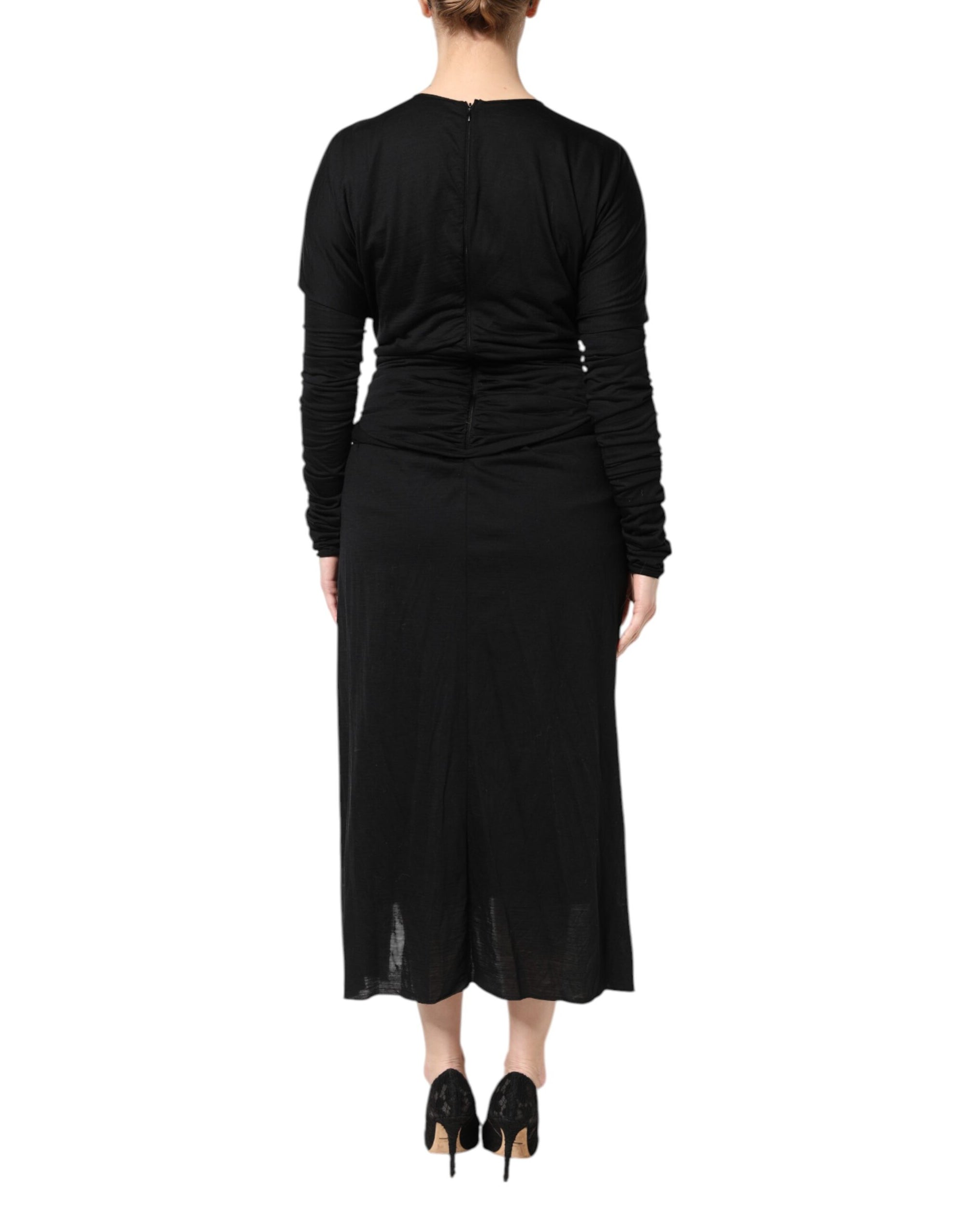 Dolce &amp; Gabbana Black Wool Long Sleeves Sheath Midi Dress