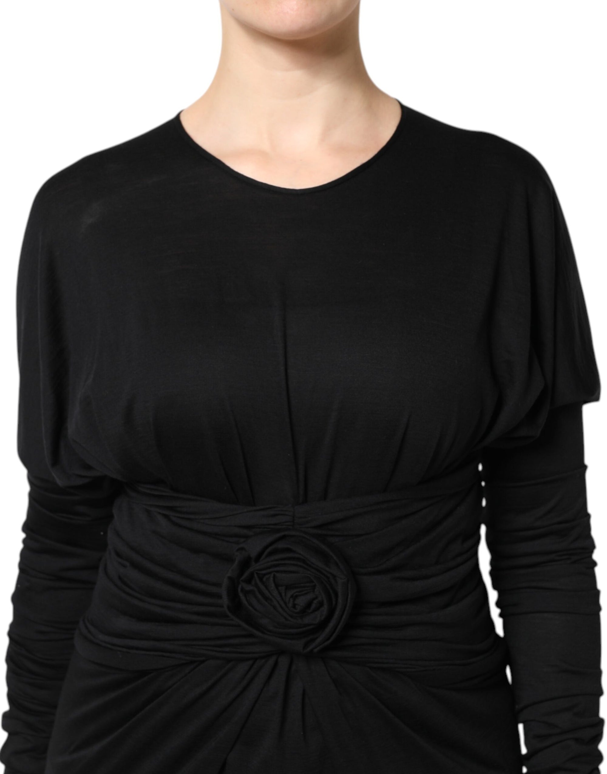 Dolce &amp; Gabbana Black Wool Long Sleeves Sheath Midi Dress