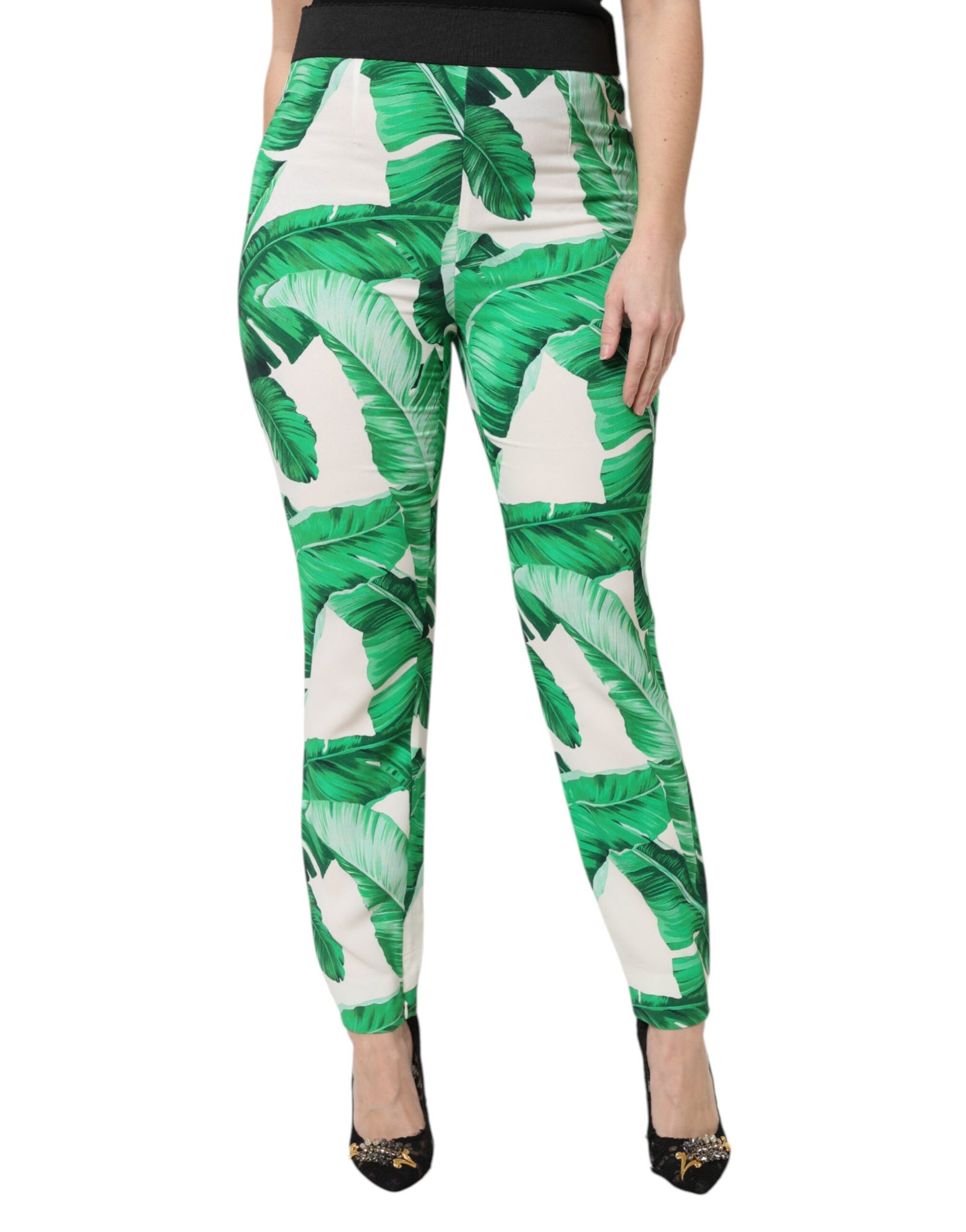Pantalon taille haute Dolce &amp; Gabbana blanc à feuilles vertes