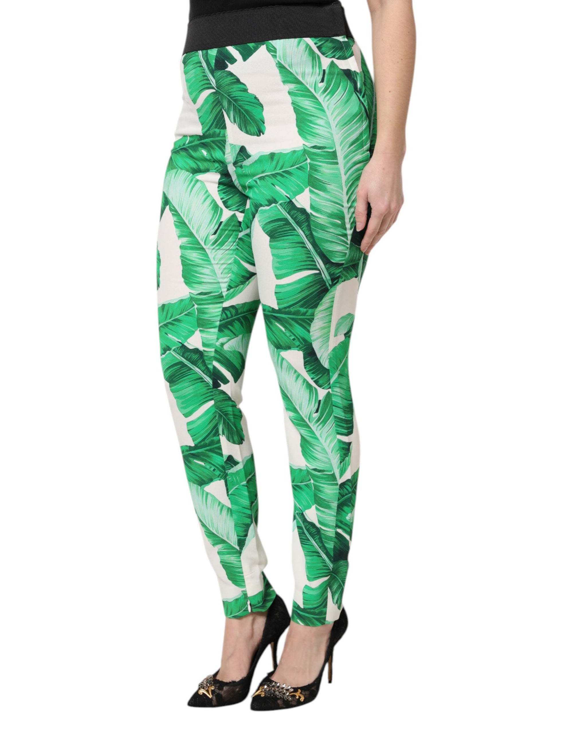 Pantalon taille haute Dolce &amp; Gabbana blanc à feuilles vertes
