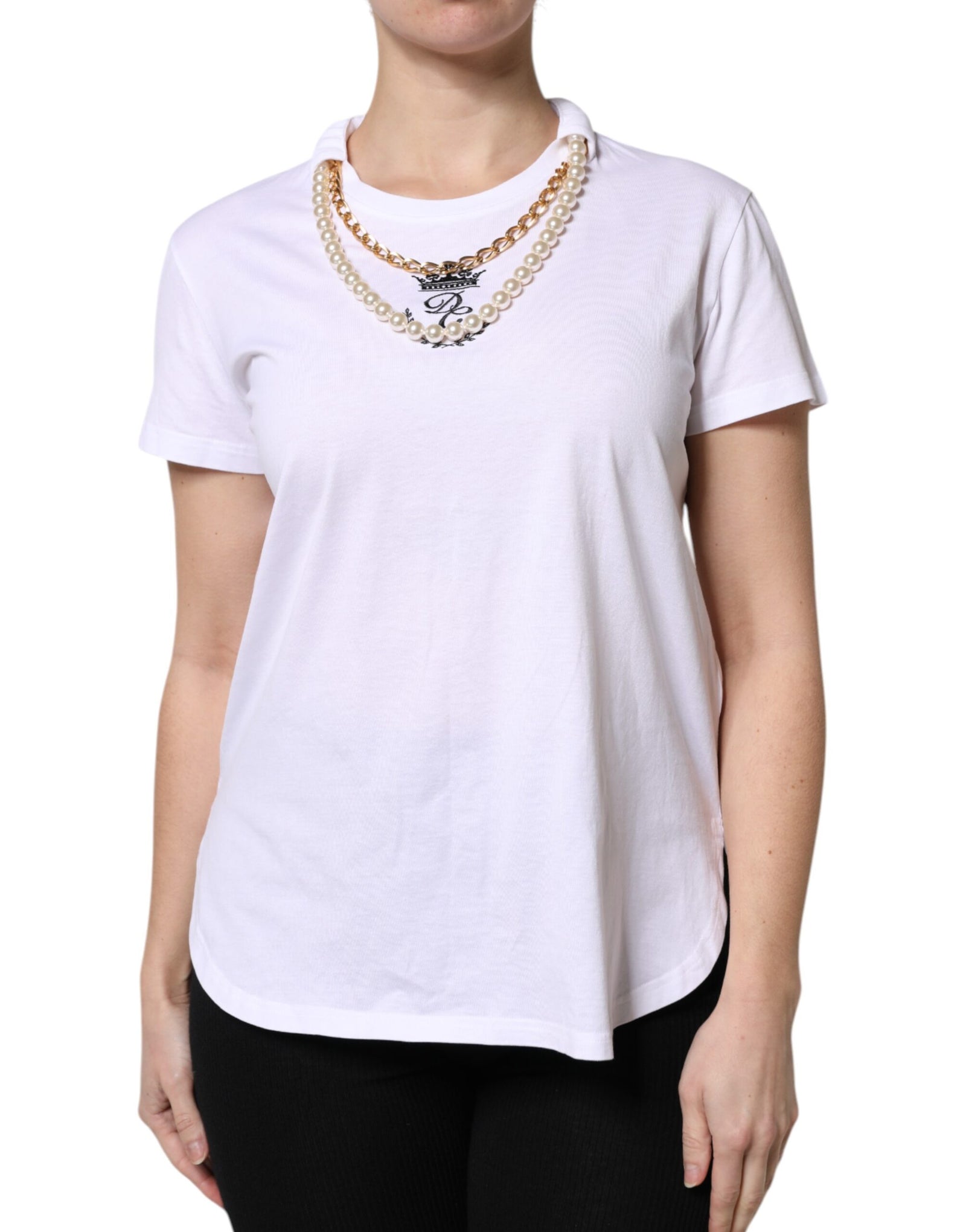 T-shirt col rond en coton à chaîne blanche et perles Dolce &amp; Gabbana