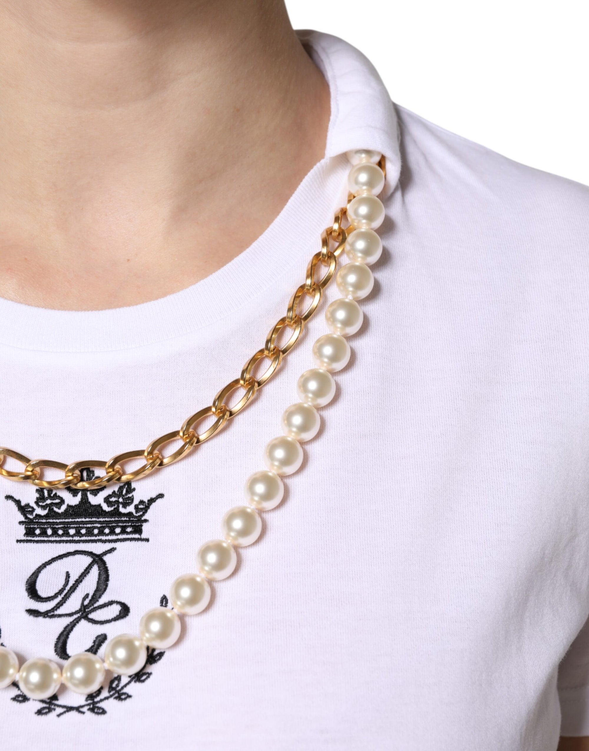 T-shirt col rond en coton à chaîne blanche et perles Dolce & Gabbana