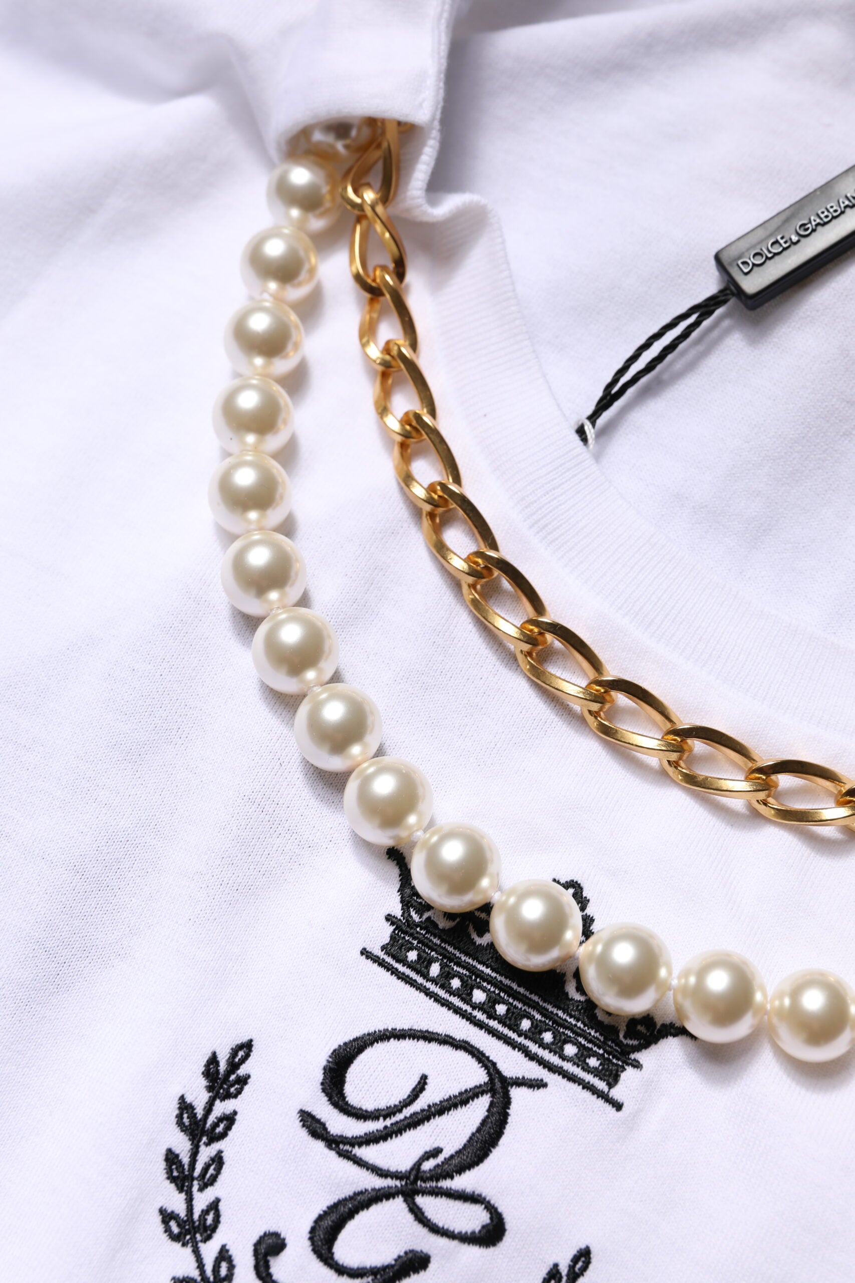 T-shirt col rond en coton à chaîne blanche et perles Dolce & Gabbana