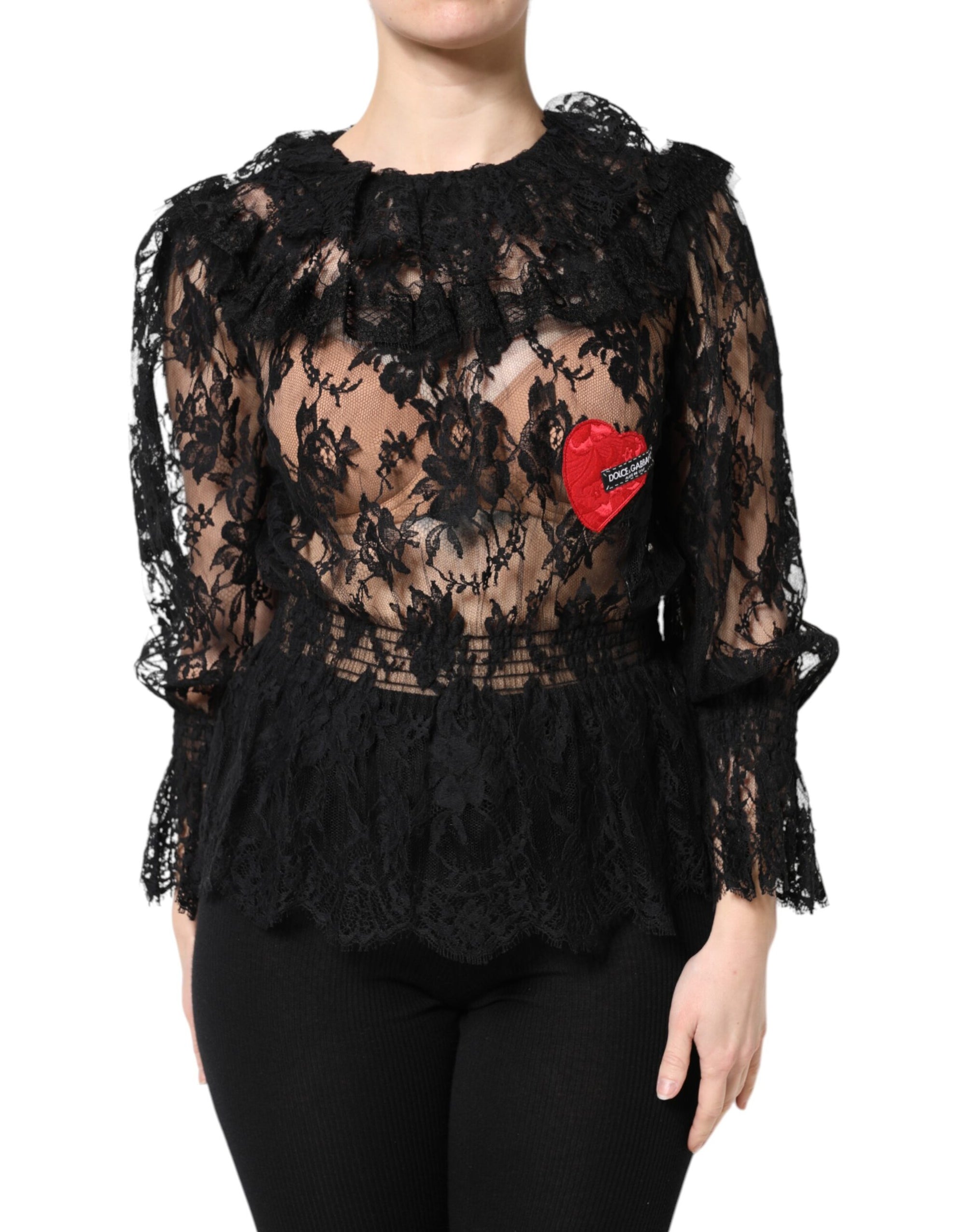 Dolce &amp; Gabbana Black Cotton Floral Lace Women Blouse Top