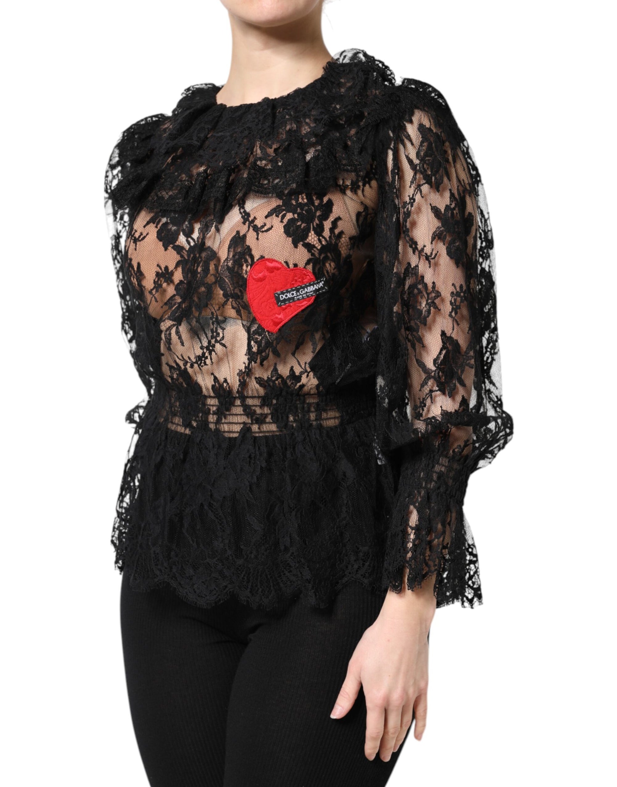Dolce &amp; Gabbana Black Cotton Floral Lace Women Blouse Top