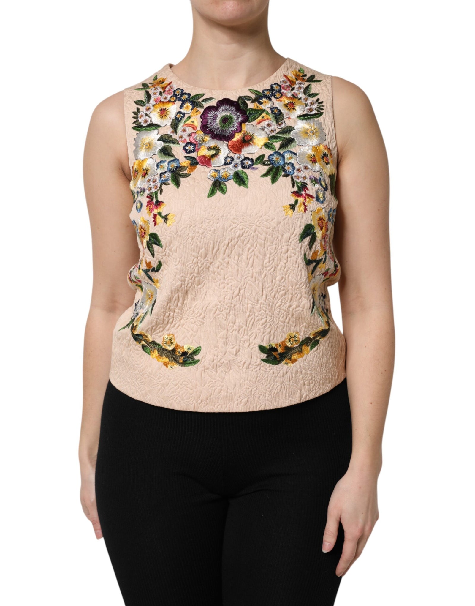 Débardeur sans manches à broderie florale beige Dolce &amp; Gabbana