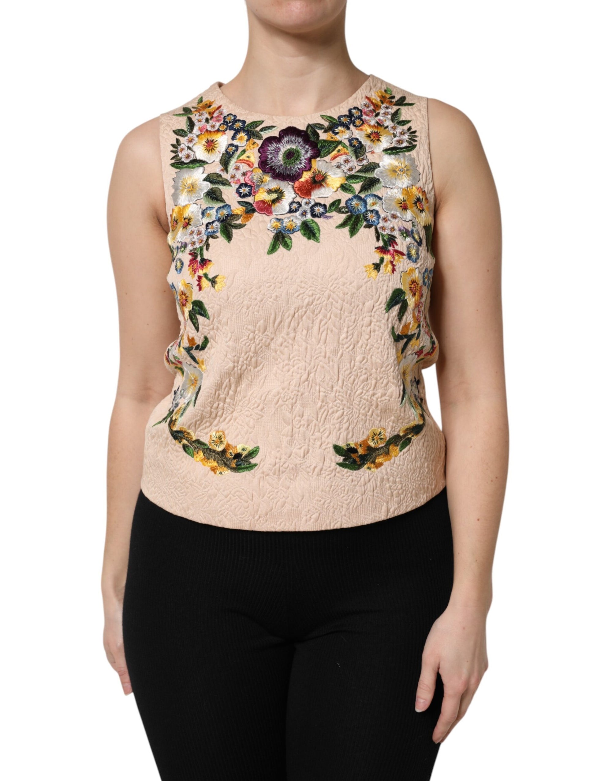 Dolce &amp; Gabbana Beige Floral Embroidery Sleeveless Tank Top