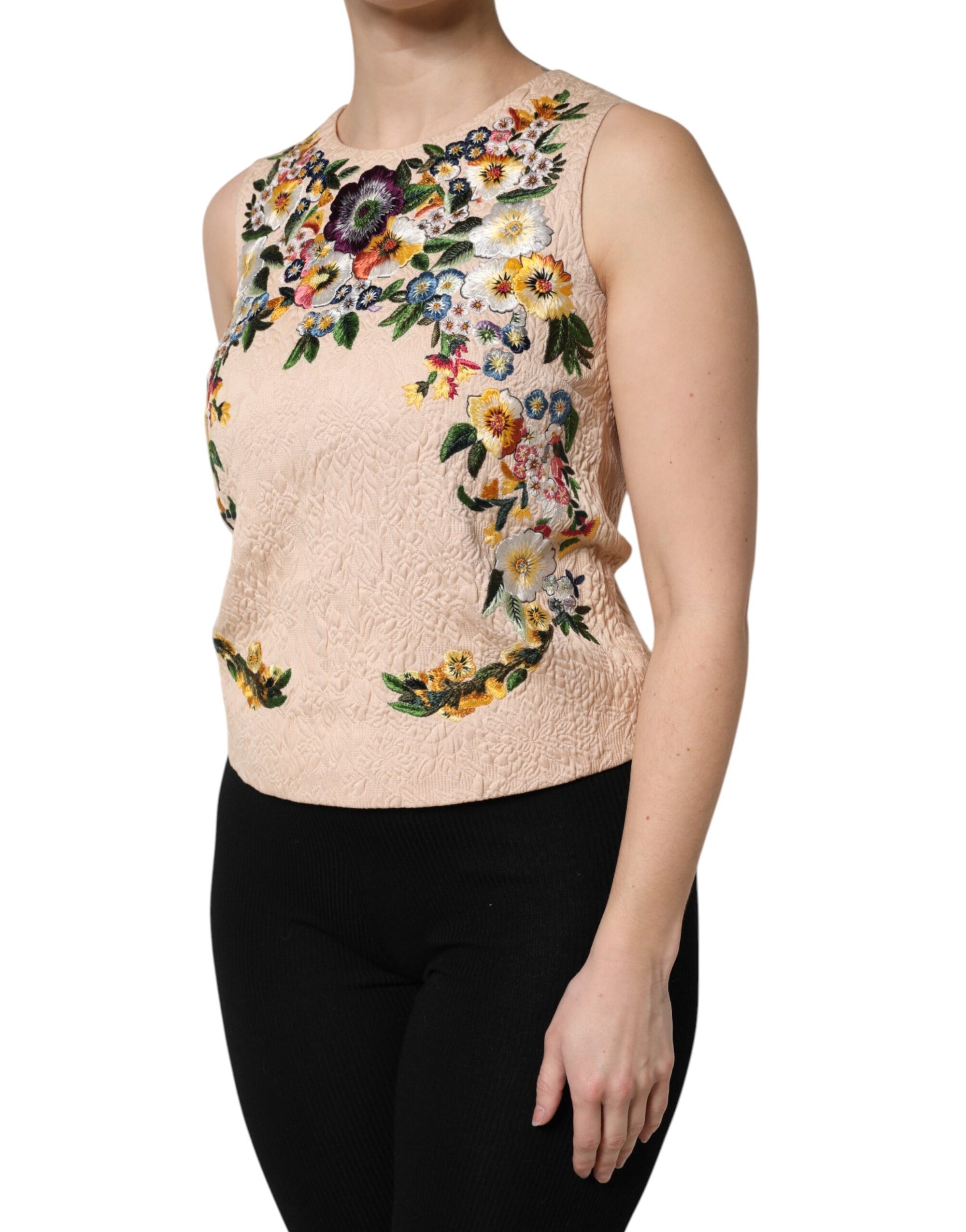 Dolce &amp; Gabbana Beige Floral Embroidery Sleeveless Tank Top