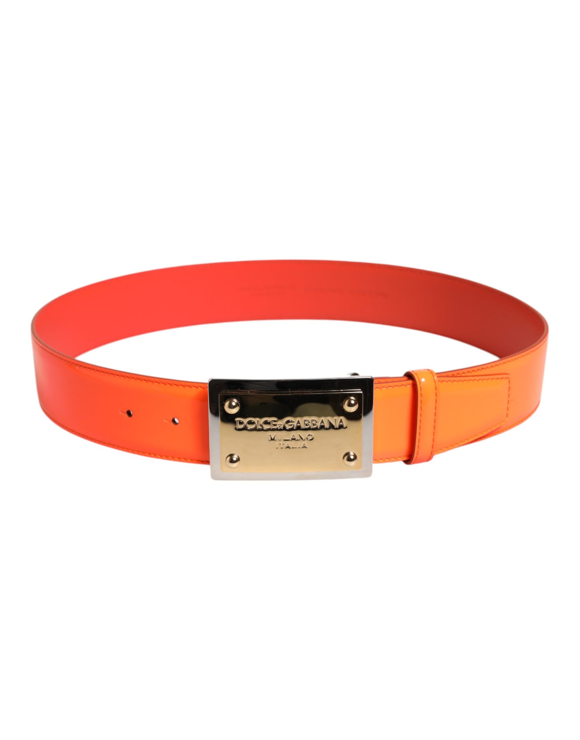 Dolce &amp; Gabbana Orange Gold Tone Metal Logo Buckle Belt