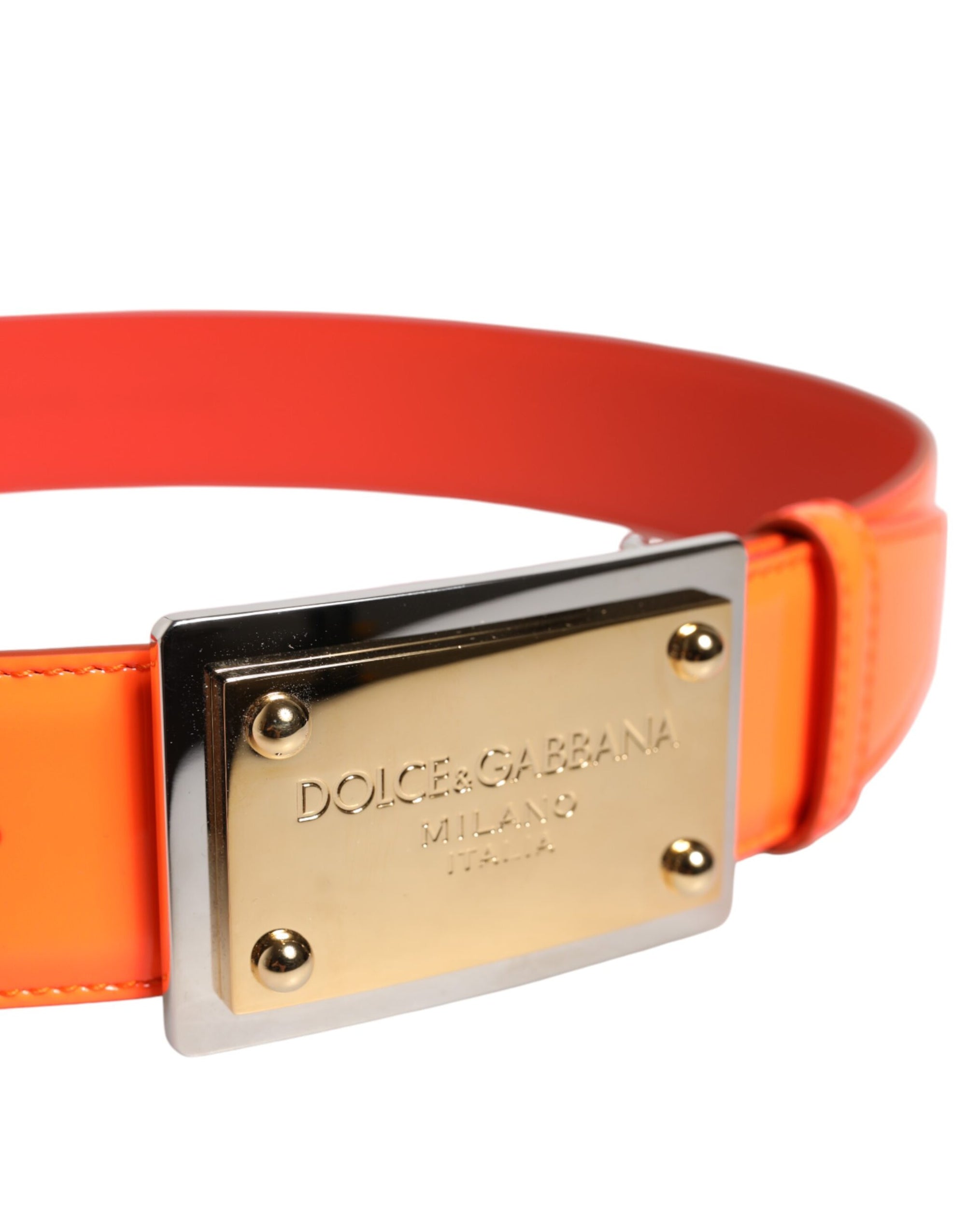 Dolce &amp; Gabbana Orange Gold Tone Metal Logo Buckle Belt