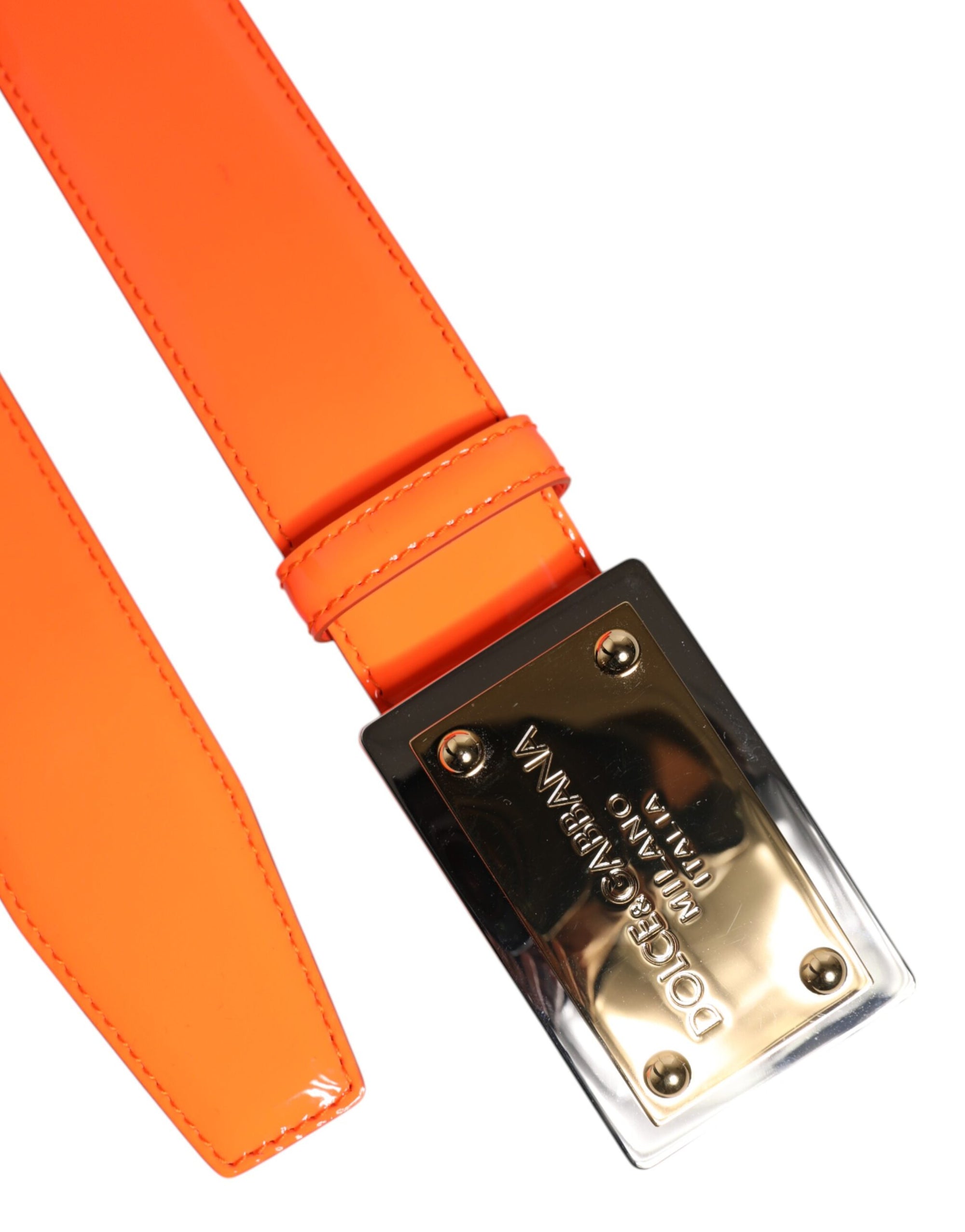 Dolce &amp; Gabbana Orange Gold Tone Metal Logo Buckle Belt