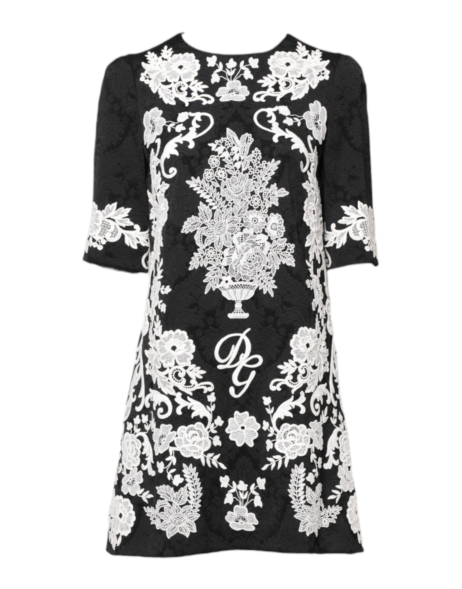 Dolce &amp; Gabbana Black Floral Lace Short Sleeves Mini Dress