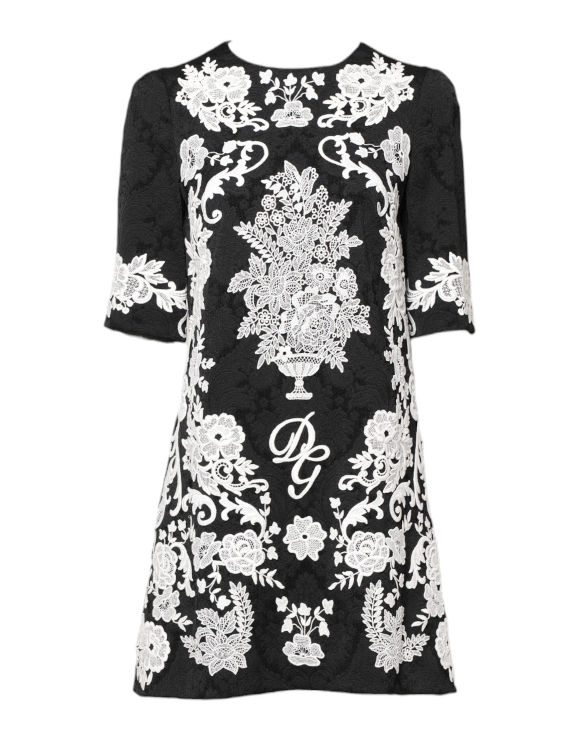 Mini-robe à manches courtes en dentelle florale noire Dolce & Gabbana