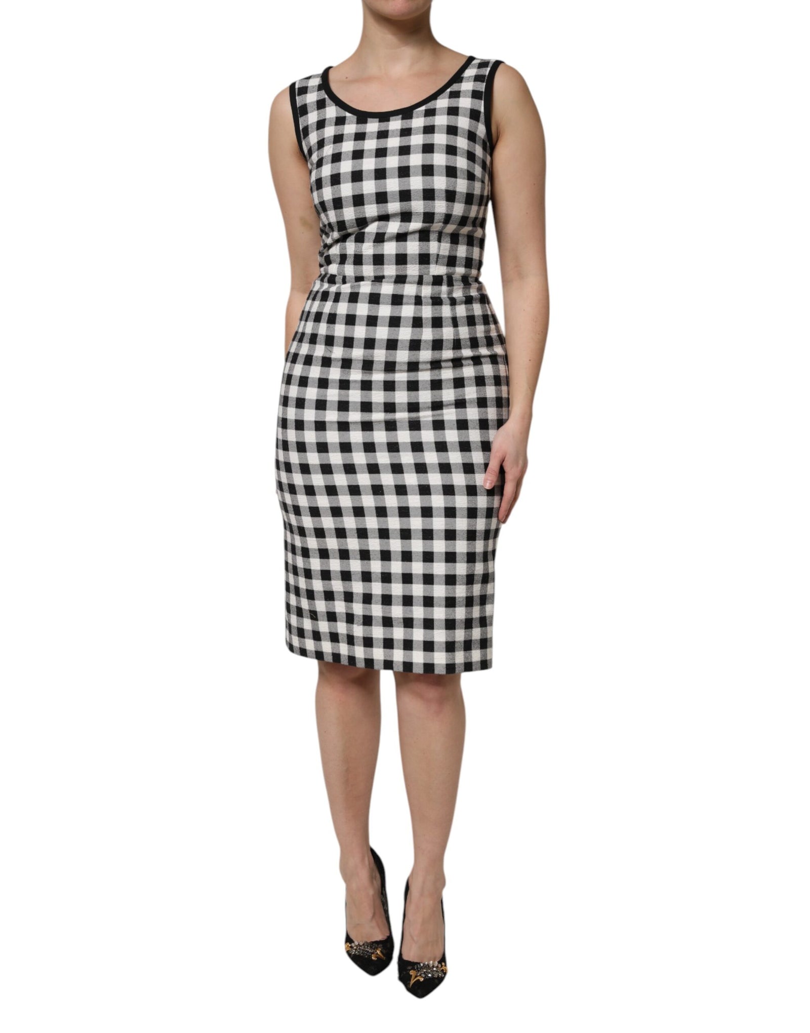 Dolce &amp; Gabbana White Black Checkered Sleeveless Sheath Dress