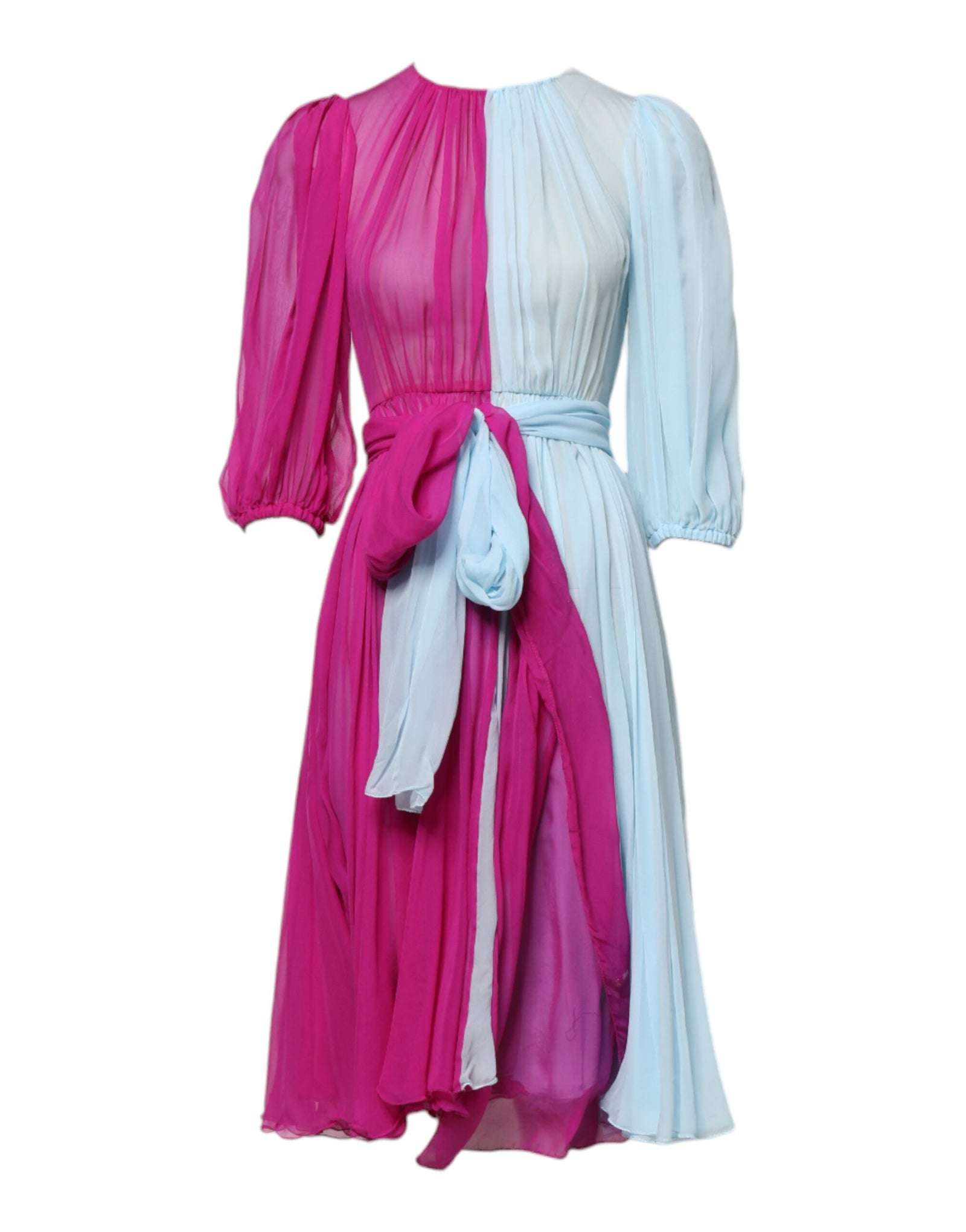 Robe trapèze en soie rose et bleu à manches 3/4 Dolce &amp; Gabbana