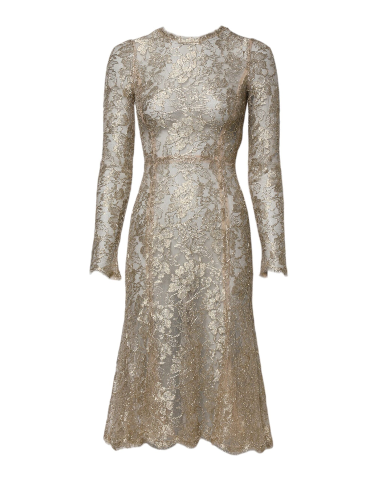 Robe ajustée et évasée à manches longues en dentelle florale dorée Dolce & Gabbana