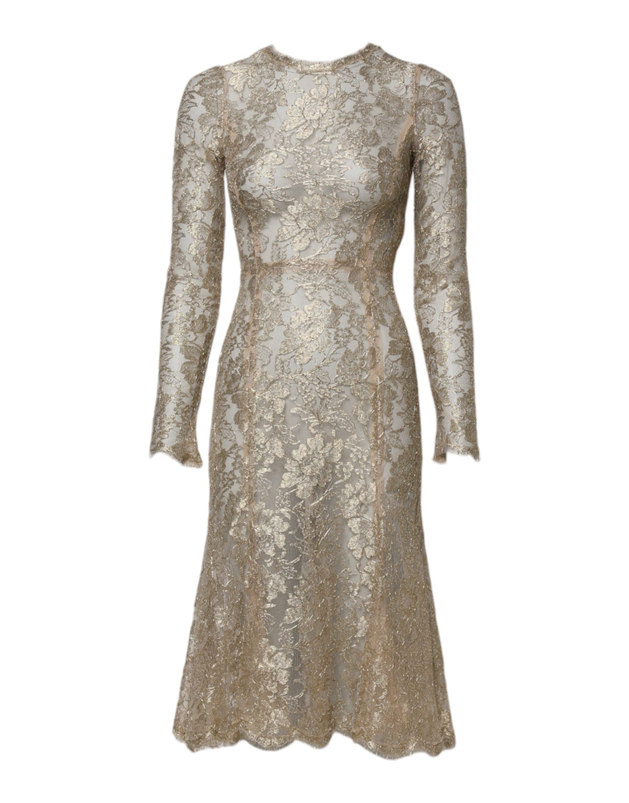 Robe ajustée et évasée à manches longues en dentelle florale dorée Dolce & Gabbana