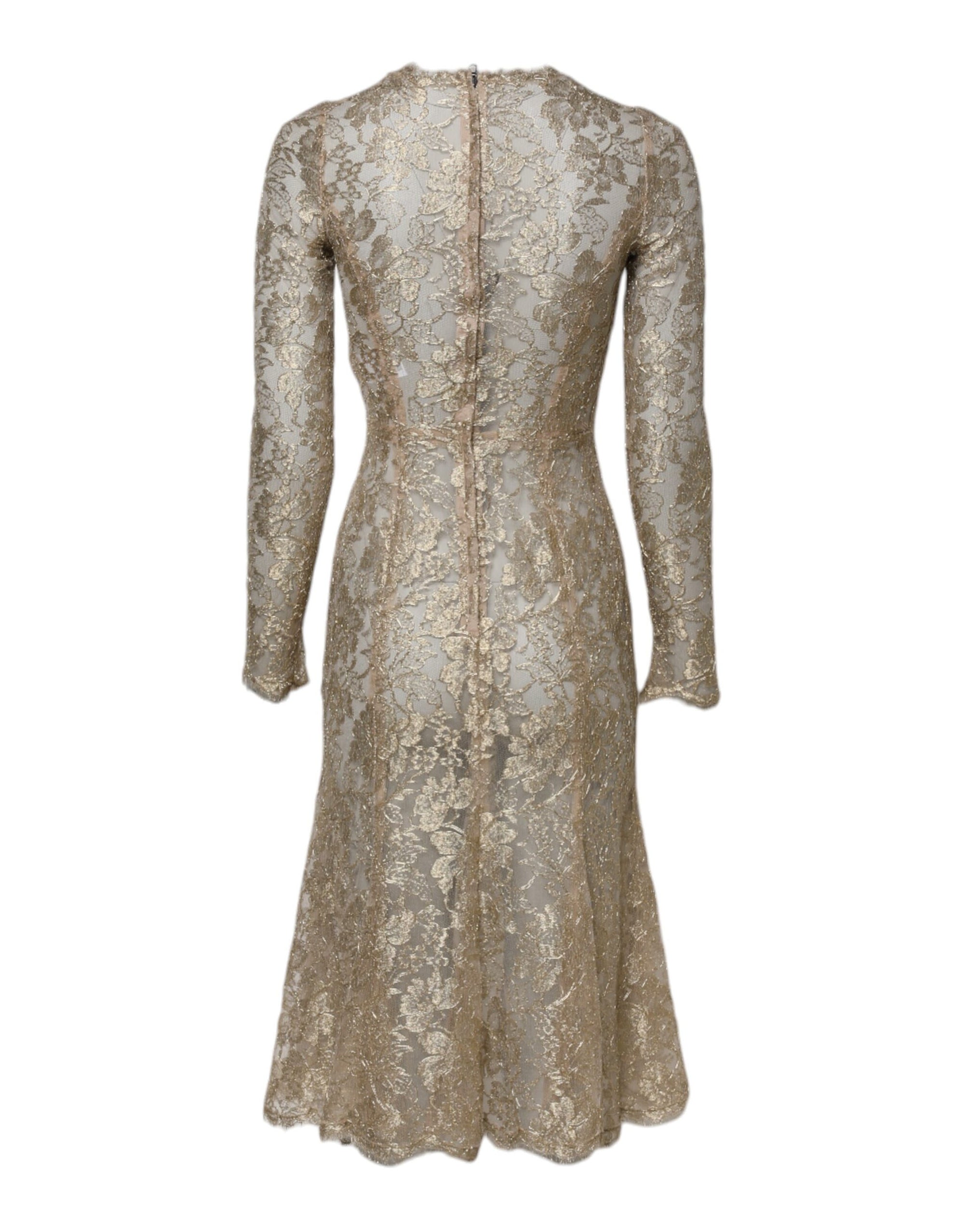 Robe ajustée et évasée à manches longues en dentelle florale dorée Dolce & Gabbana