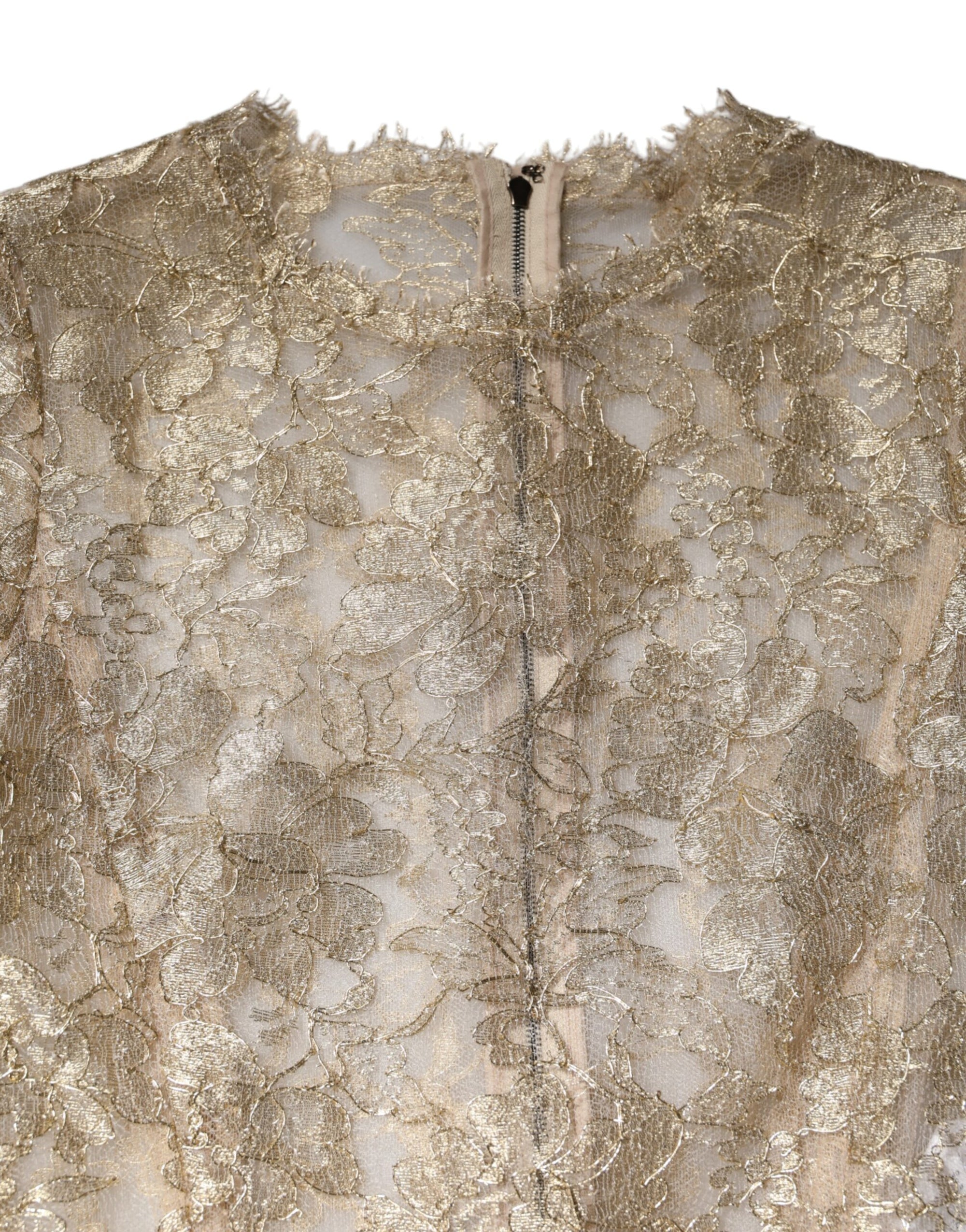 Robe ajustée et évasée à manches longues en dentelle florale dorée Dolce & Gabbana