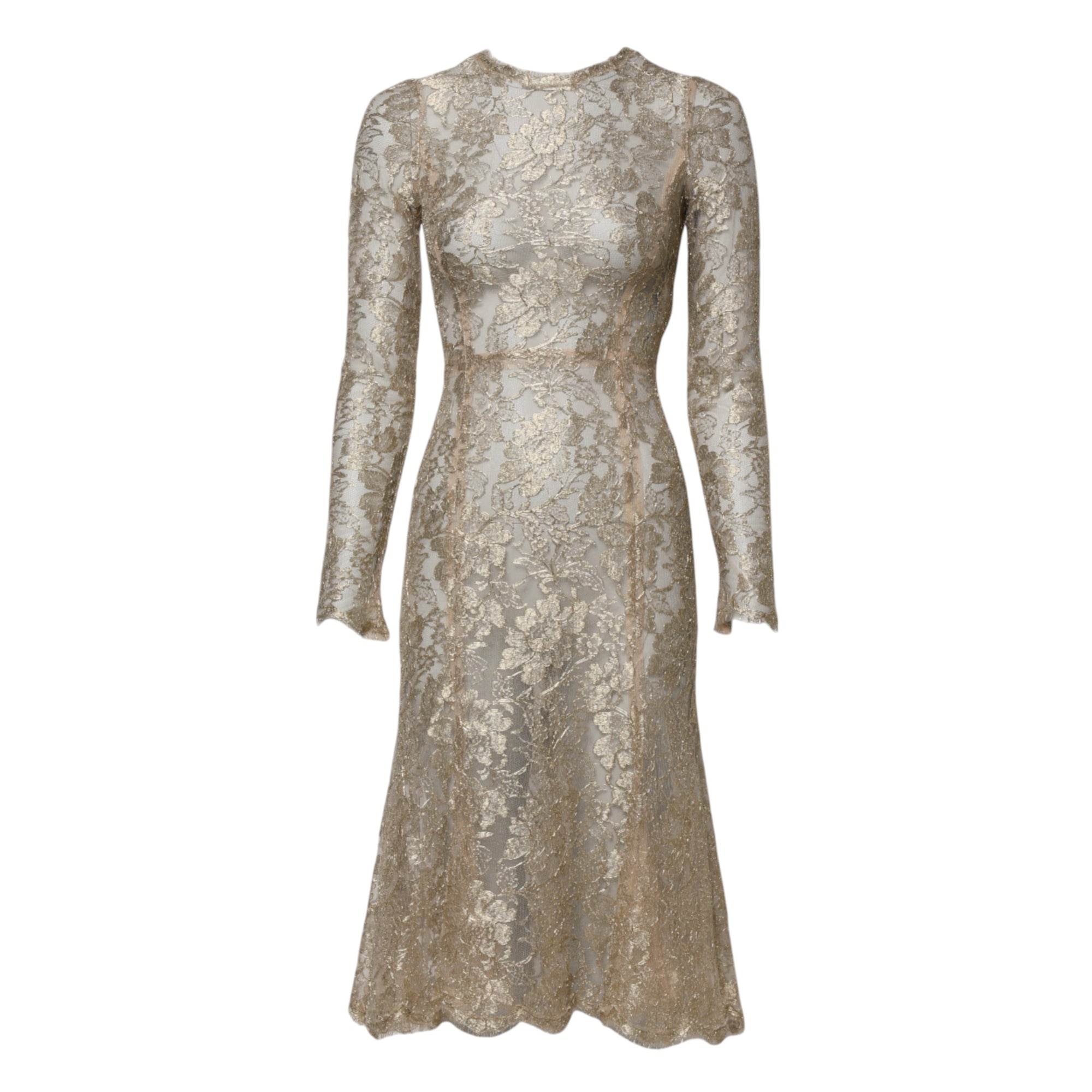 Robe ajustée et évasée à manches longues en dentelle florale dorée Dolce & Gabbana