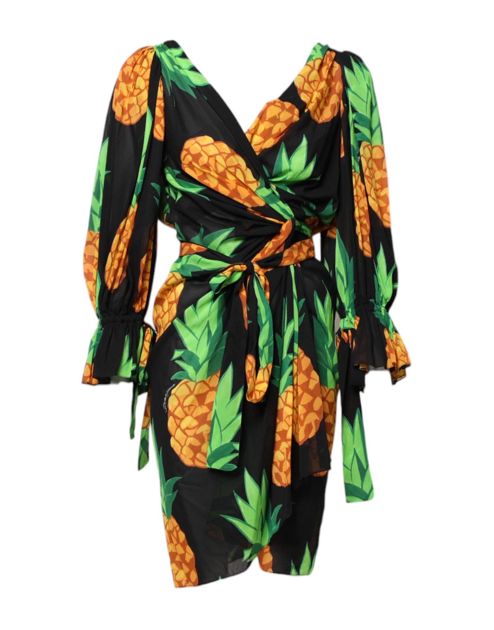 Mini-robe portefeuille en soie noire à imprimé ananas Dolce & Gabbana