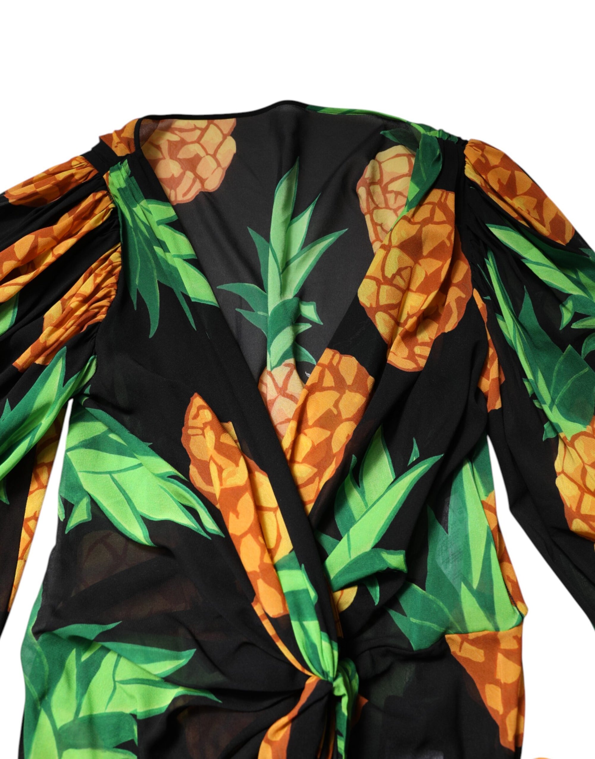 Mini-robe portefeuille en soie noire à imprimé ananas Dolce & Gabbana