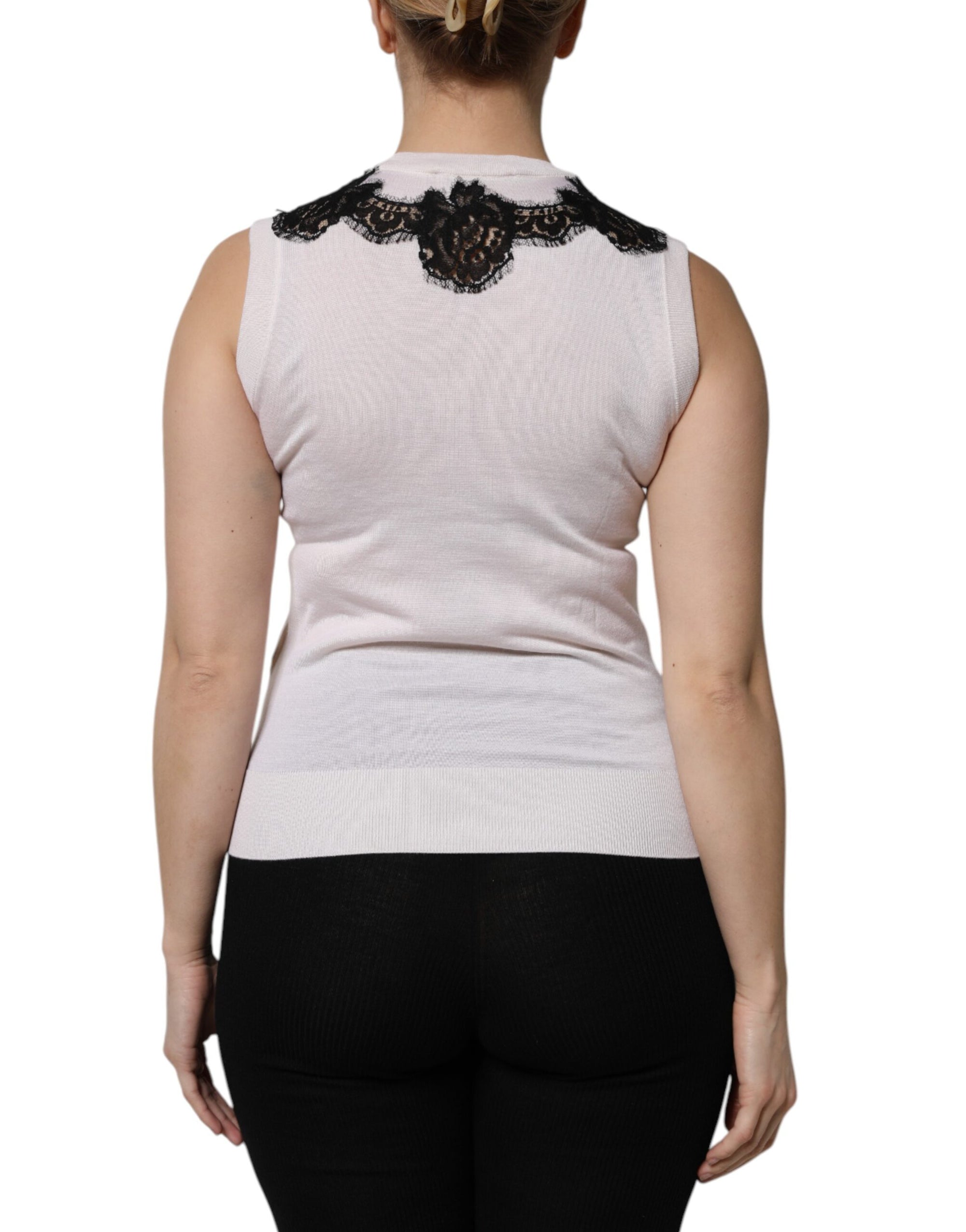 Dolce &amp; Gabbana White Cashmere Floral Lace Detailing Tank Top
