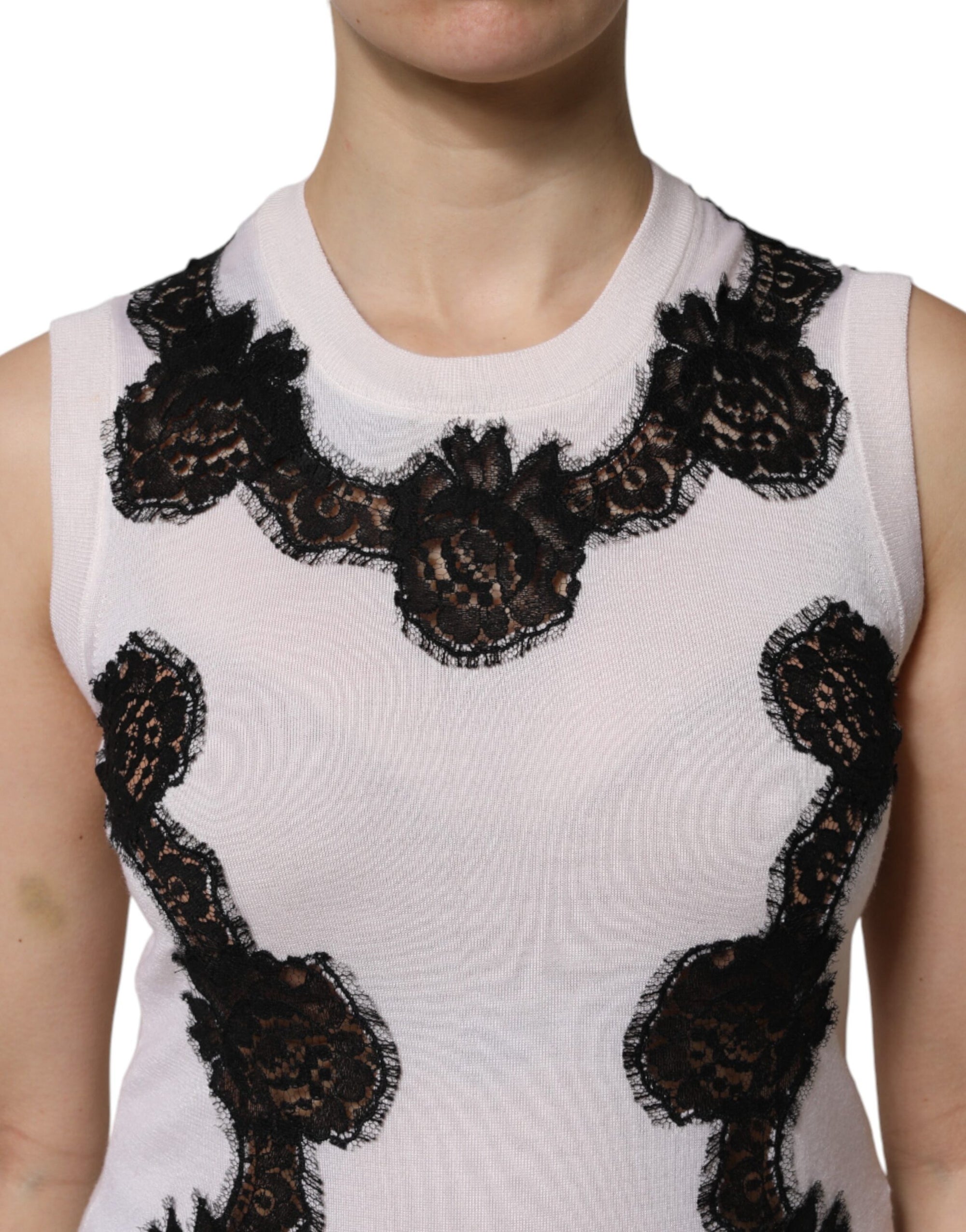 Dolce &amp; Gabbana White Cashmere Floral Lace Detailing Tank Top