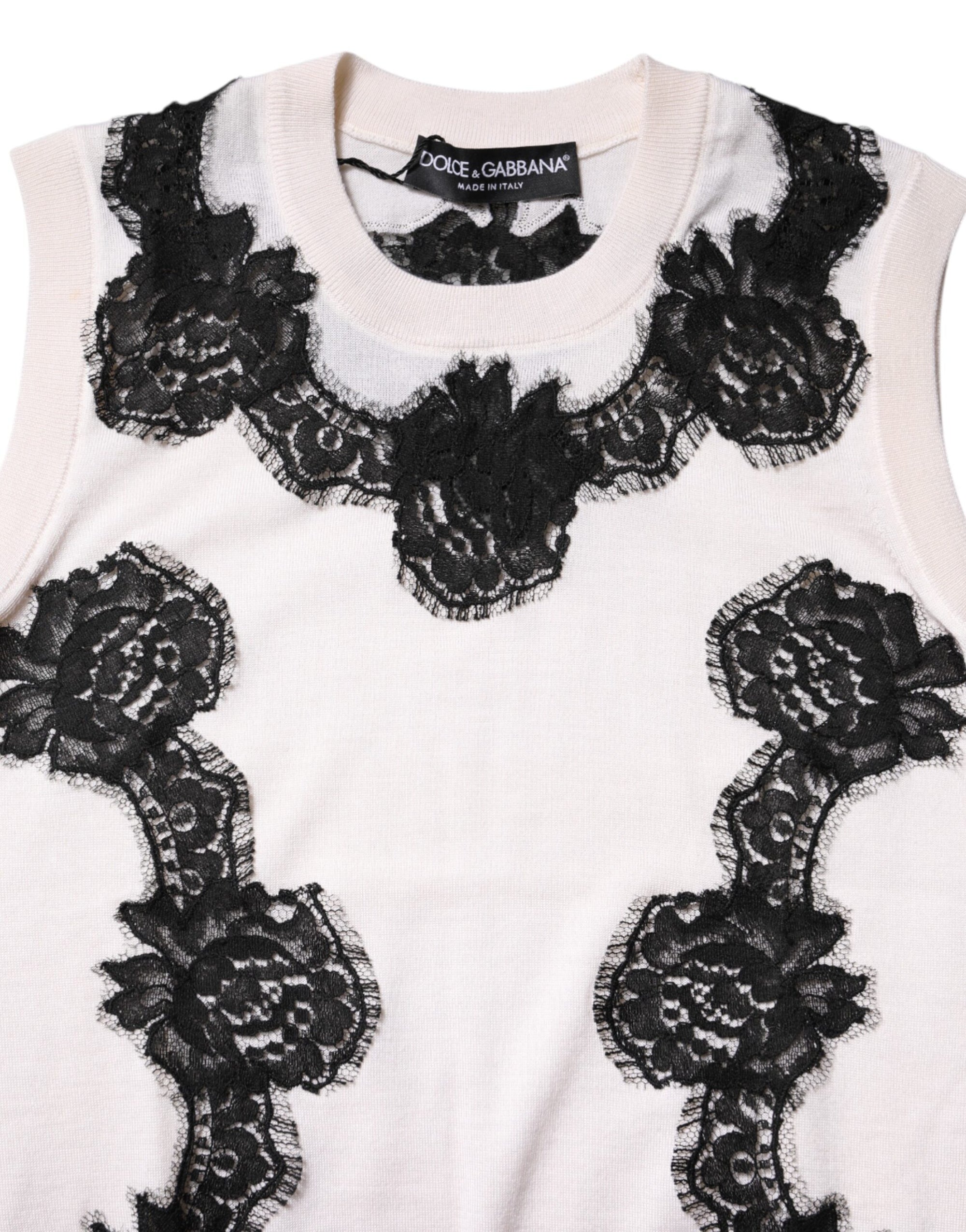 Dolce &amp; Gabbana White Cashmere Floral Lace Detailing Tank Top