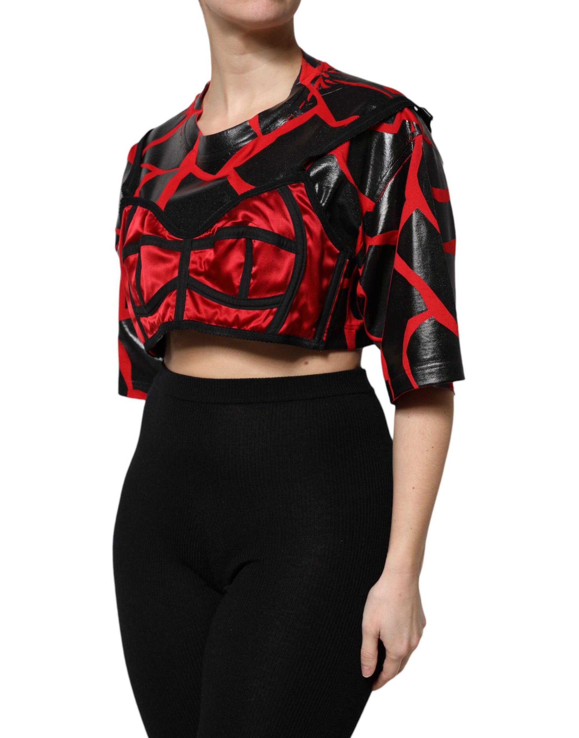 Dolce &amp; Gabbana Red Black Cotton Bustier Detailing Cropped Top