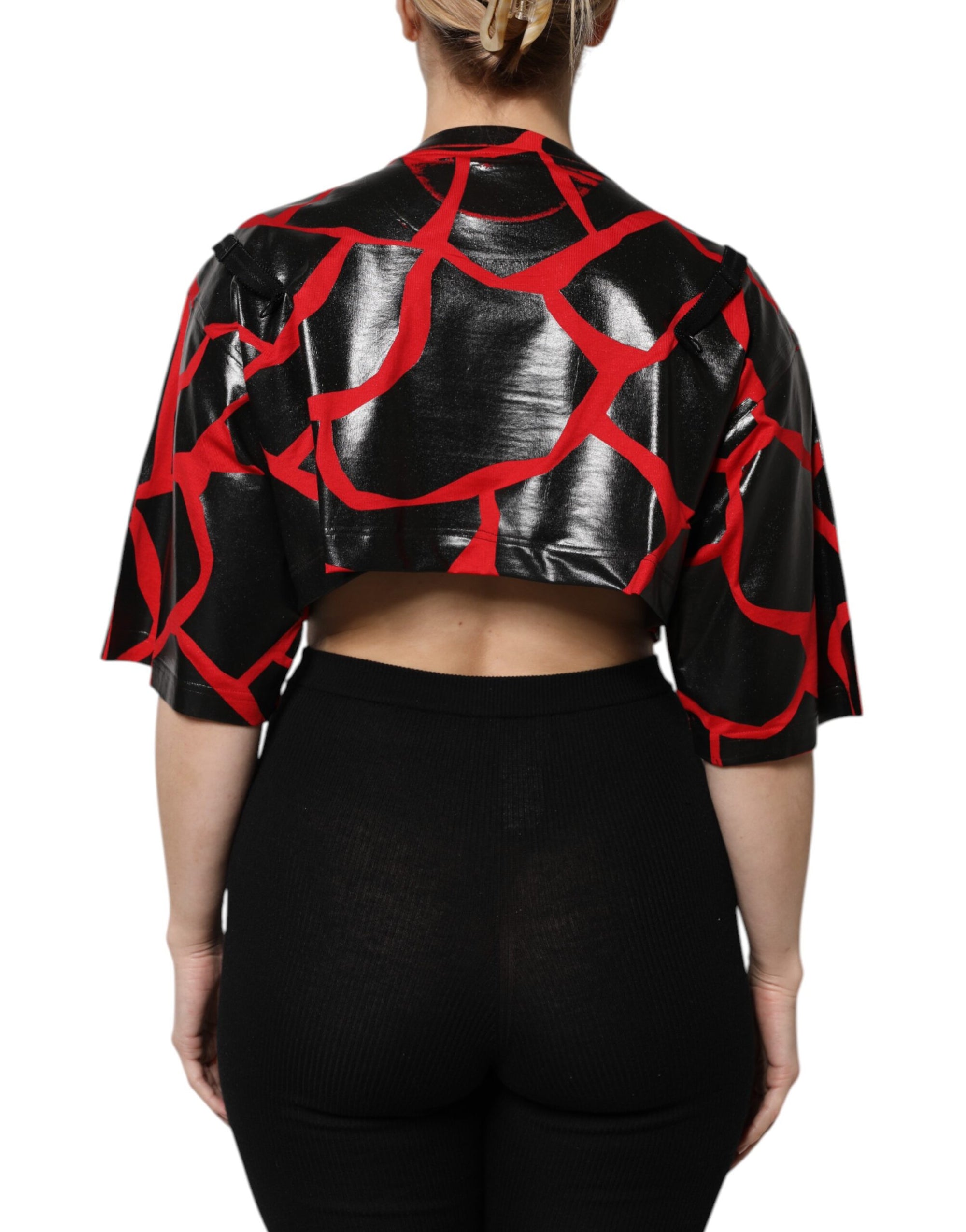 Dolce &amp; Gabbana Red Black Cotton Bustier Detailing Cropped Top